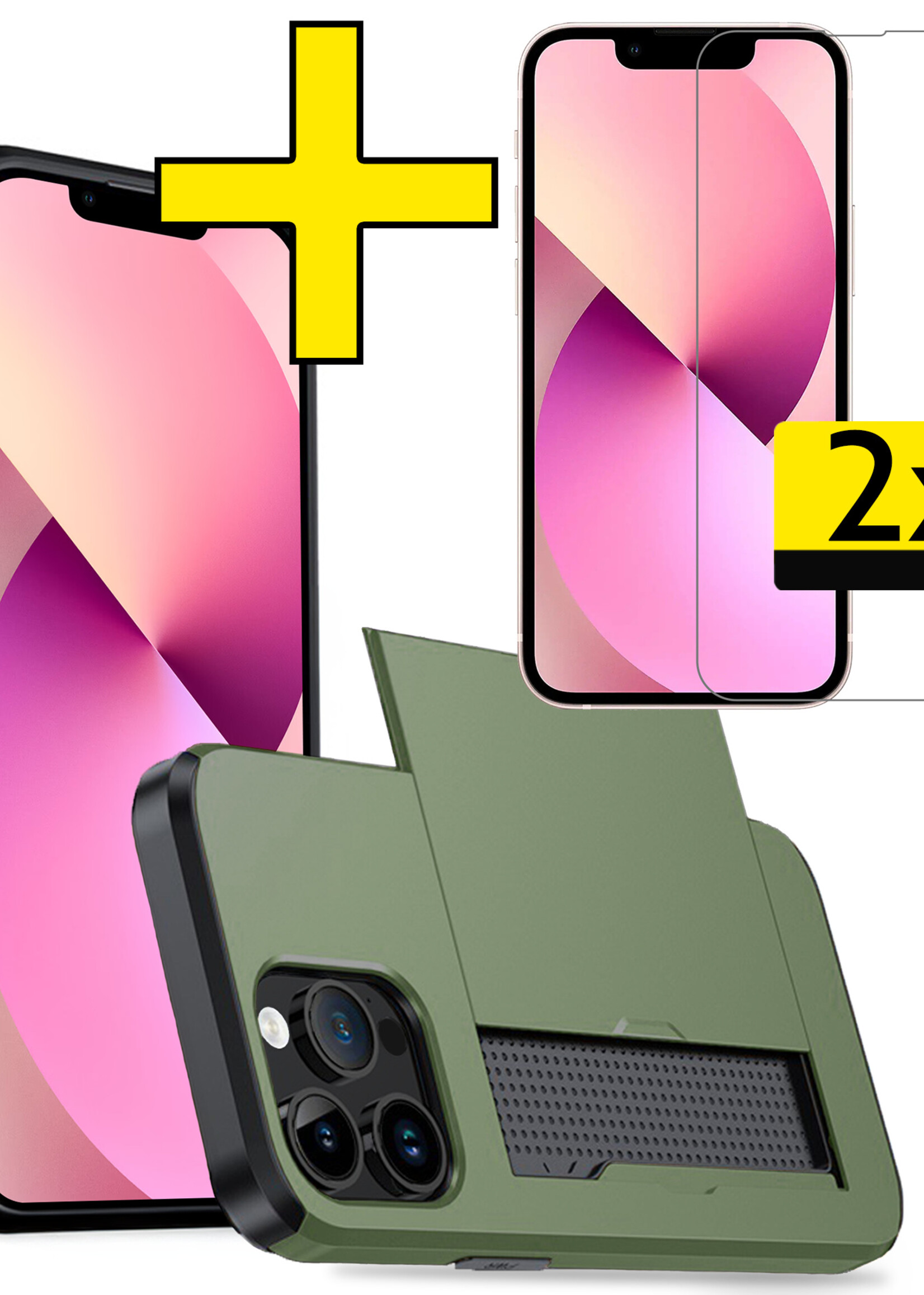 LUQ Hoesje Geschikt voor iPhone 14 Pro Max Hoesje Case Pashouder Hard Cover Met 2x Screenprotector - Hoes Geschikt voor iPhone 14 Pro Max Hoesje Met Kaarthouder - Donker Groen