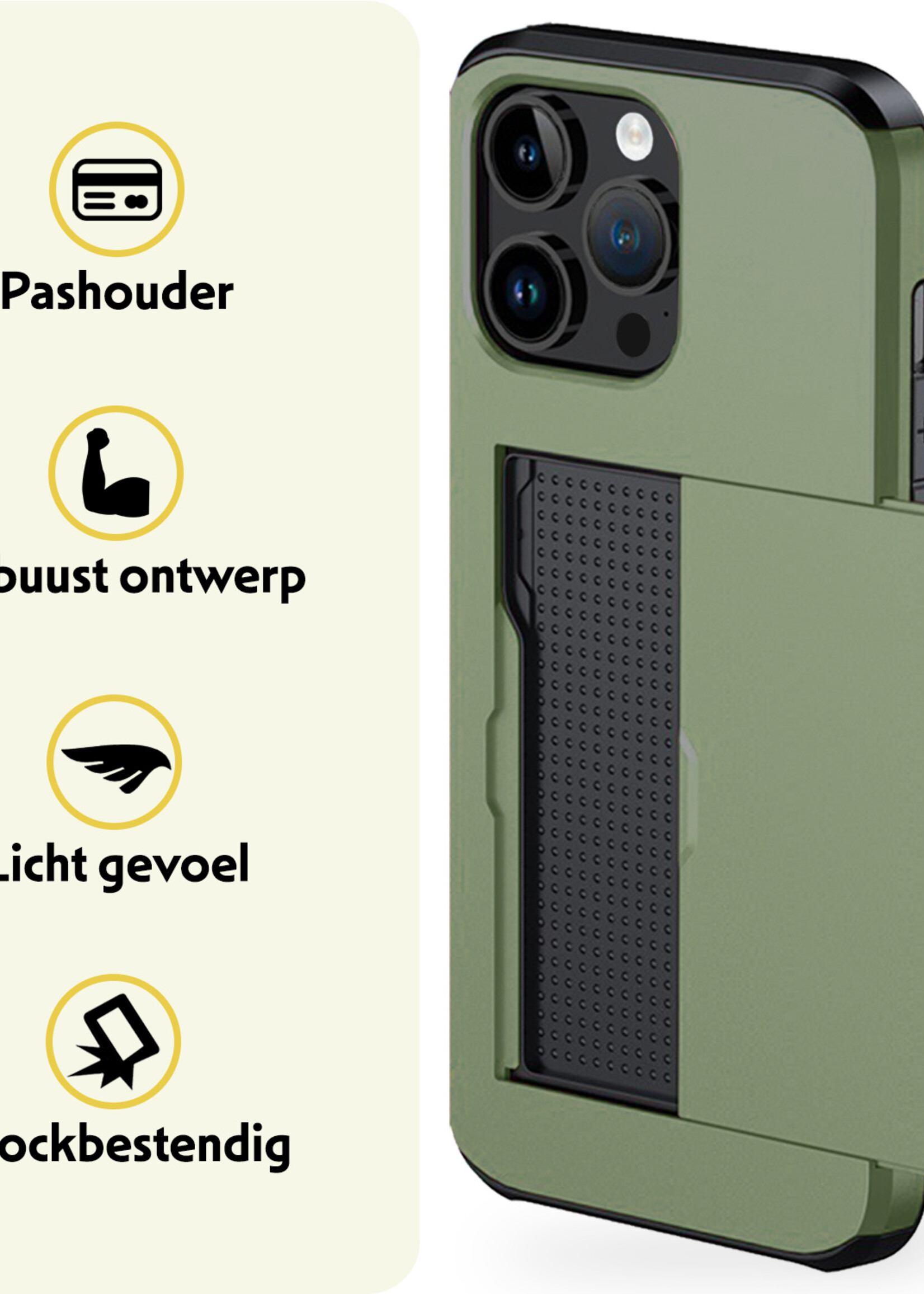 LUQ Hoesje Geschikt voor iPhone 14 Pro Max Hoesje Case Pashouder Hard Cover Met 2x Screenprotector - Hoes Geschikt voor iPhone 14 Pro Max Hoesje Met Kaarthouder - Donker Groen