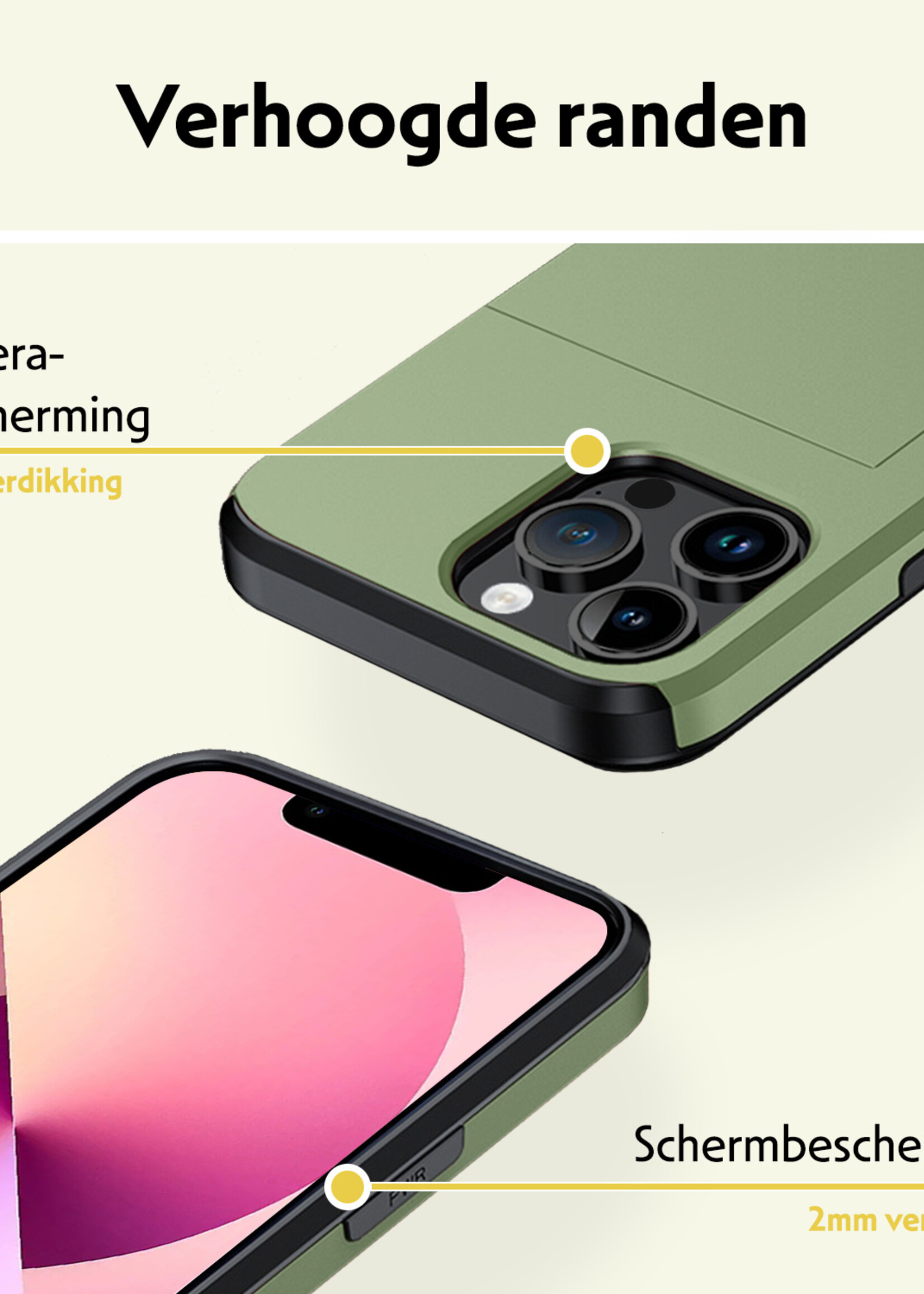 LUQ Hoesje Geschikt voor iPhone 14 Pro Max Hoesje Case Pashouder Hard Cover Met 2x Screenprotector - Hoes Geschikt voor iPhone 14 Pro Max Hoesje Met Kaarthouder - Donker Groen