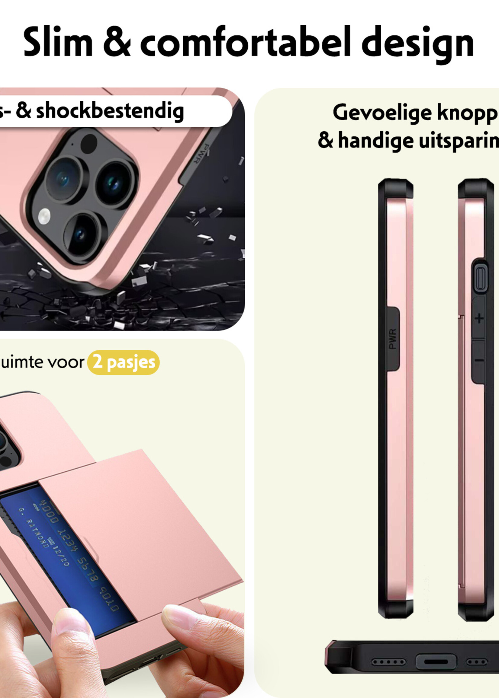 LUQ Hoesje Geschikt voor iPhone 14 Pro Max Hoesje Case Pashouder Hard Cover Met 2x Screenprotector - Hoes Geschikt voor iPhone 14 Pro Max Hoesje Met Kaarthouder - Rosé Goud