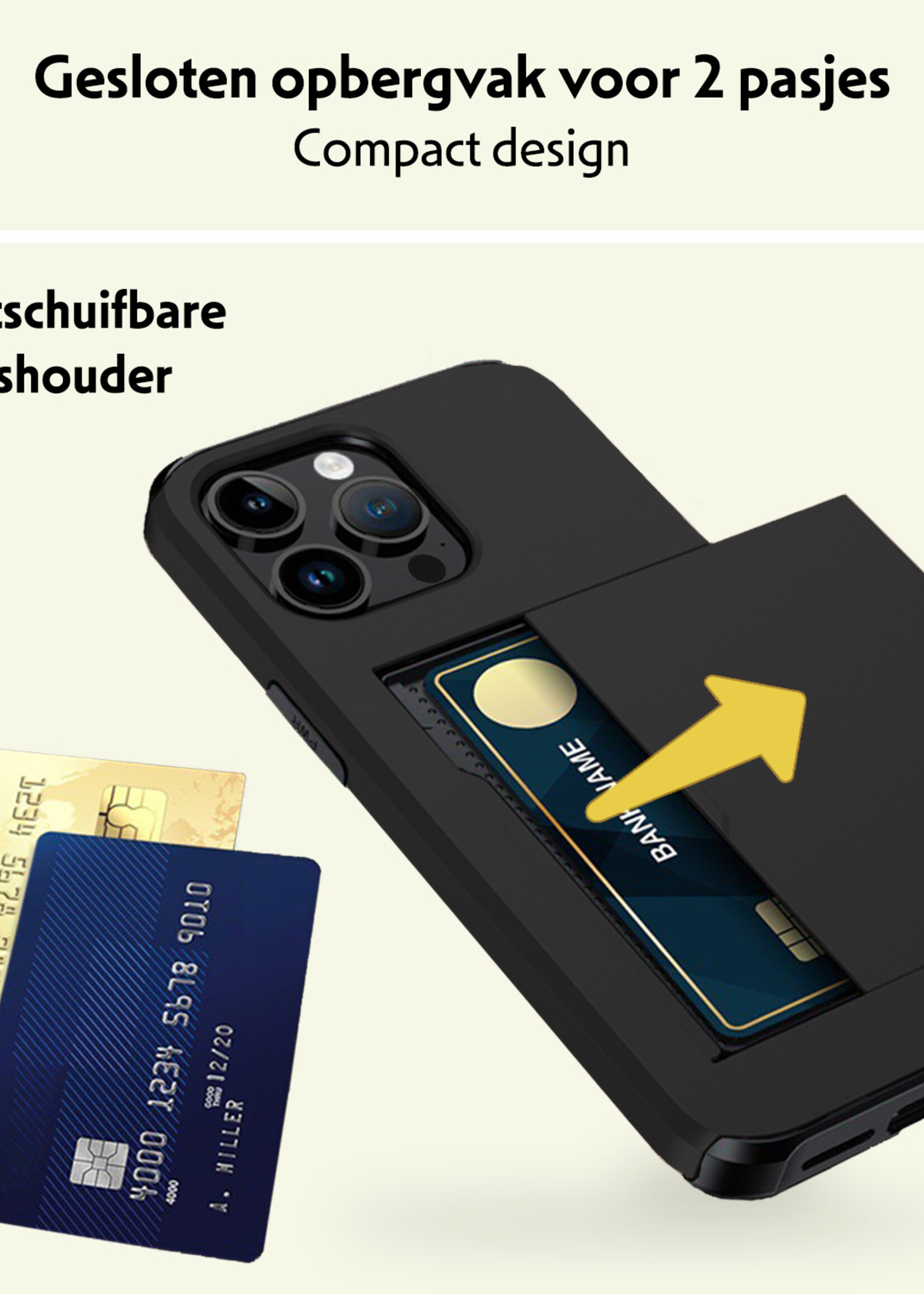 LUQ Hoesje Geschikt voor iPhone 14 Pro Max Hoesje Case Pashouder Hard Cover Met 2x Screenprotector - Hoes Geschikt voor iPhone 14 Pro Max Hoesje Met Kaarthouder - Zwart
