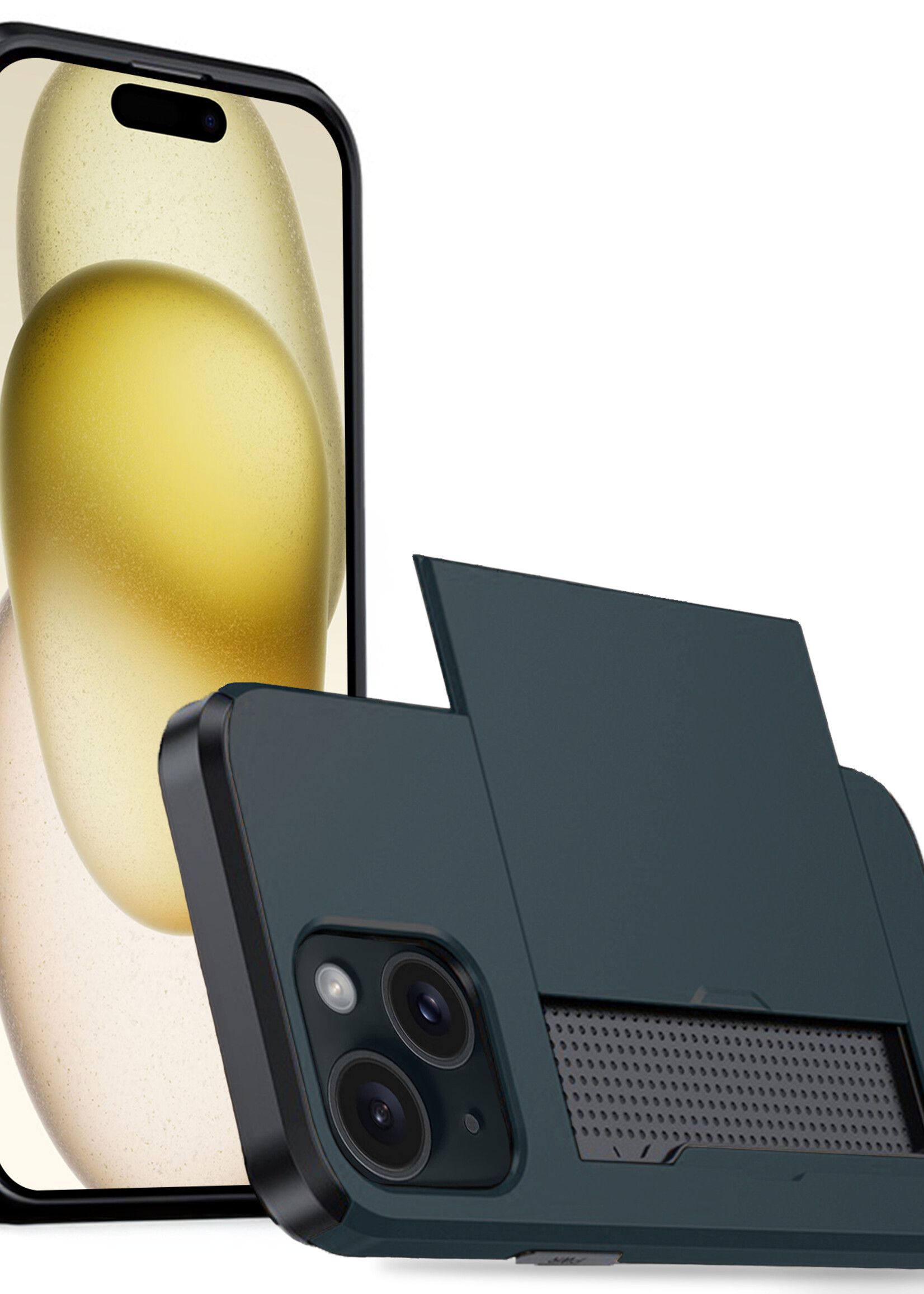 LUQ Hoesje Geschikt voor iPhone 15 Hoesje Case Pashouder Hard Cover - Hoes Geschikt voor iPhone 15 Hoesje Met Kaarthouder - Donker Blauw