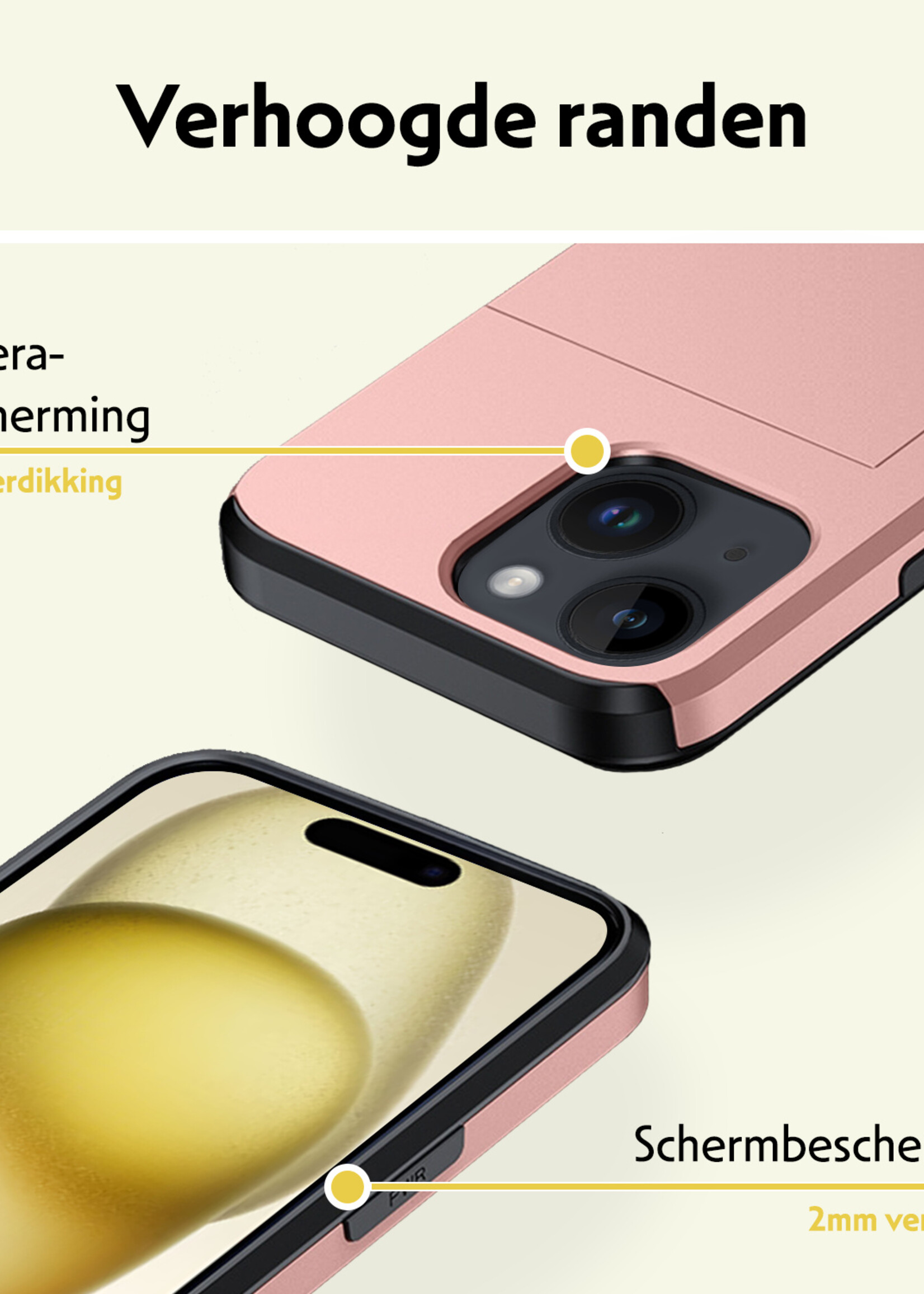 LUQ Hoesje Geschikt voor iPhone 15 Hoesje Case Pashouder Hard Cover - Hoes Geschikt voor iPhone 15 Hoesje Met Kaarthouder - Rosé Goud