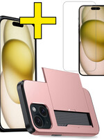LUQ LUQ iPhone 15 Hoesje Pashouder Hard Met Screenprotector - Rosé Goud