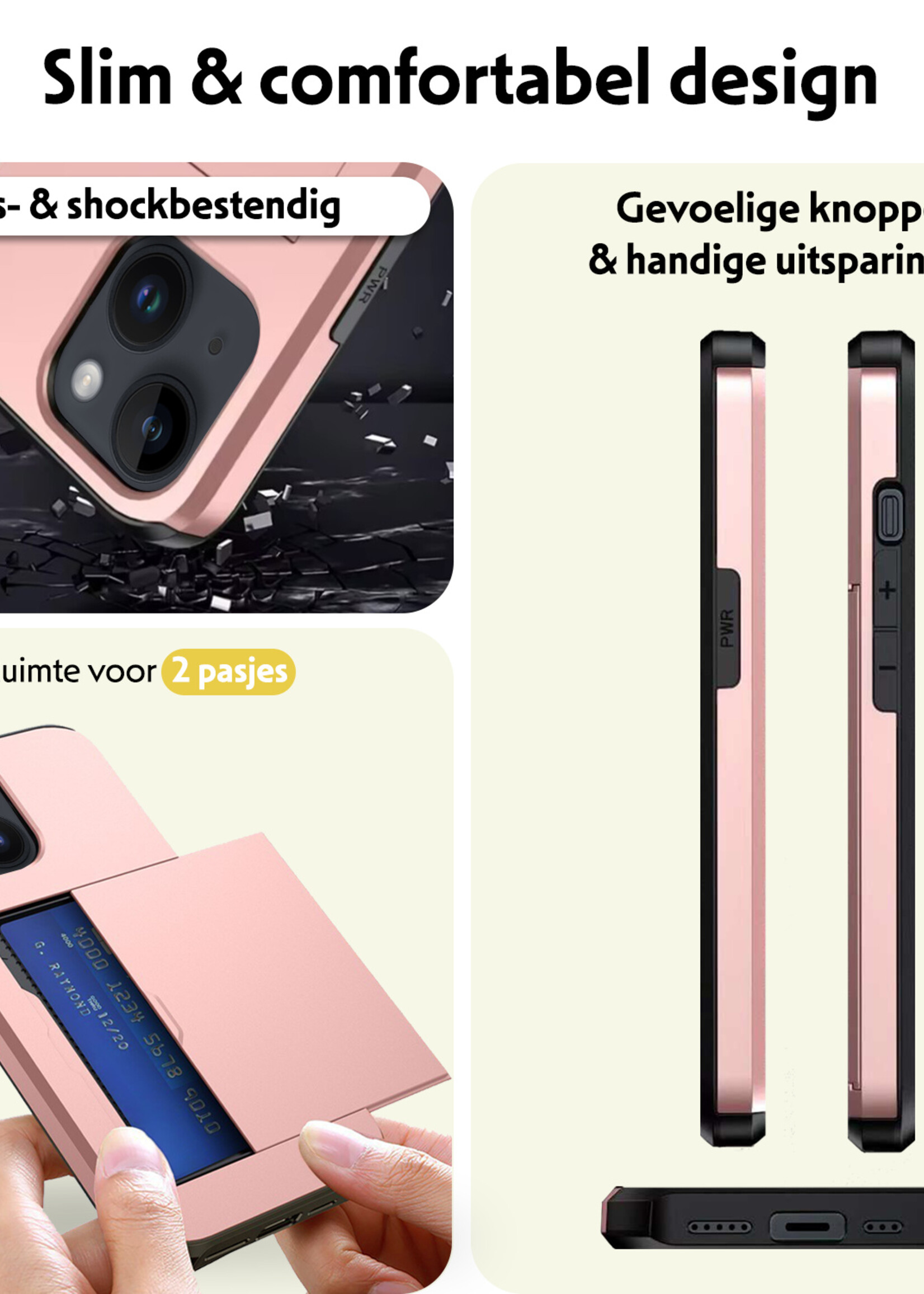 LUQ Hoesje Geschikt voor iPhone 15 Hoesje Case Pashouder Hard Cover Met Screenprotector - Hoes Geschikt voor iPhone 15 Hoesje Met Kaarthouder - Rosé Goud