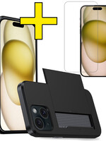 LUQ LUQ iPhone 15 Hoesje Pashouder Hard Met Screenprotector - Zwart