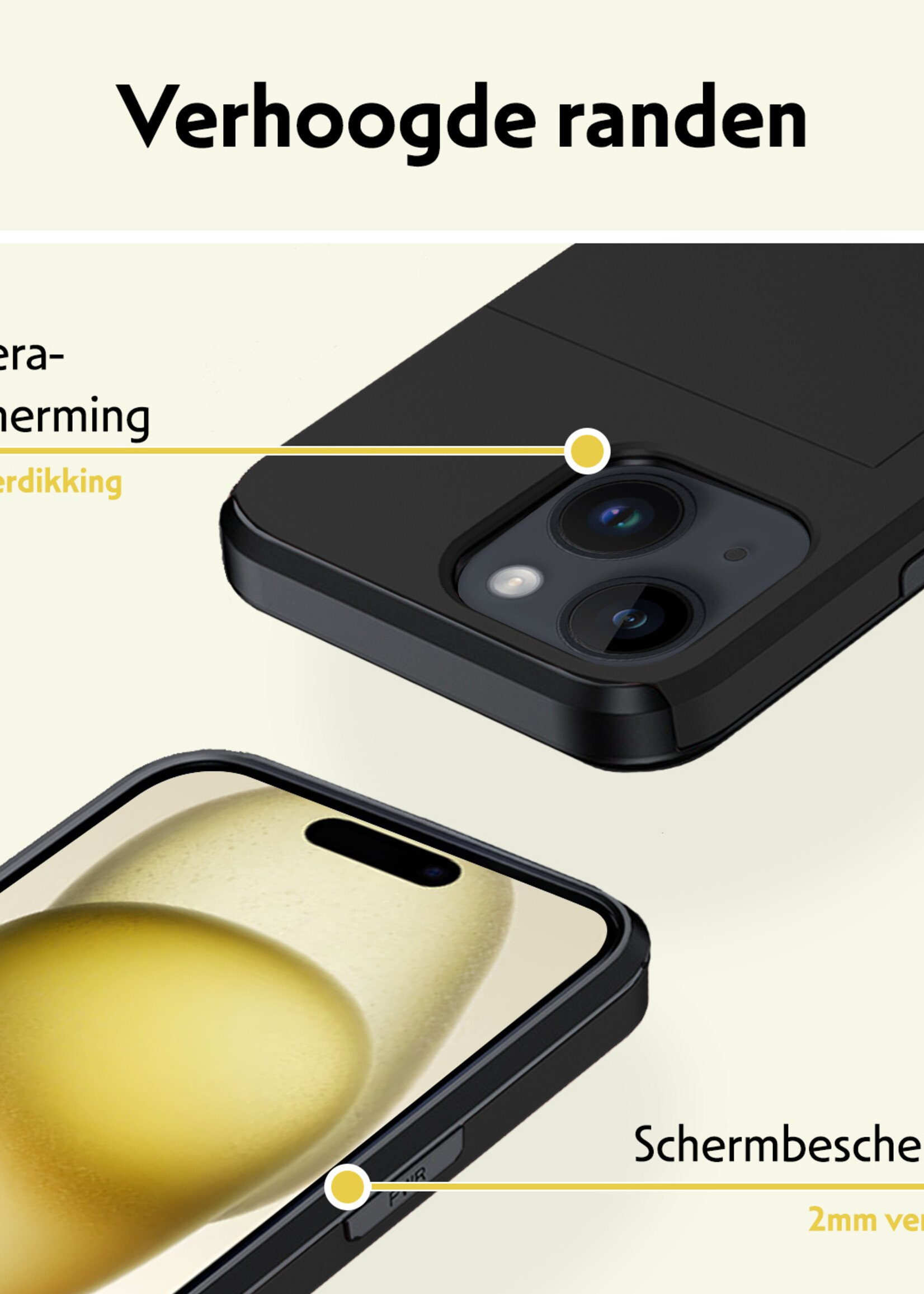 LUQ Hoesje Geschikt voor iPhone 15 Hoesje Case Pashouder Hard Cover Met Screenprotector - Hoes Geschikt voor iPhone 15 Hoesje Met Kaarthouder - Zwart