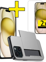 LUQ LUQ iPhone 15 Hoesje Pashouder Hard Met 2x Screenprotector - Grijs