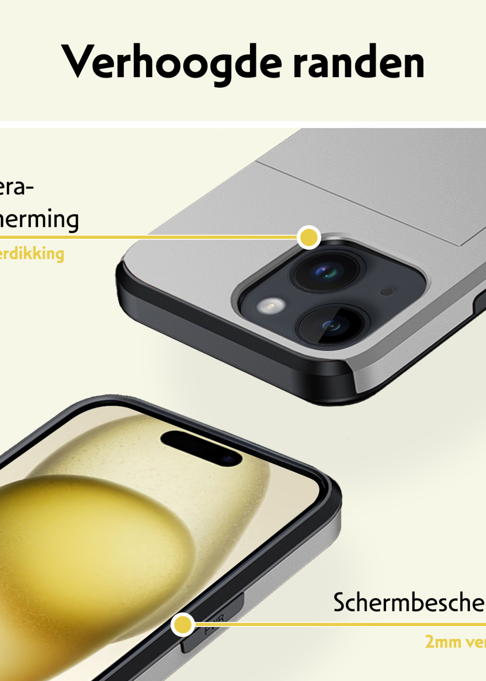 LUQ Hoesje Geschikt voor iPhone 15 Hoesje Case Pashouder Hard Cover Met 2x Screenprotector - Hoes Geschikt voor iPhone 15 Hoesje Met Kaarthouder - Grijs