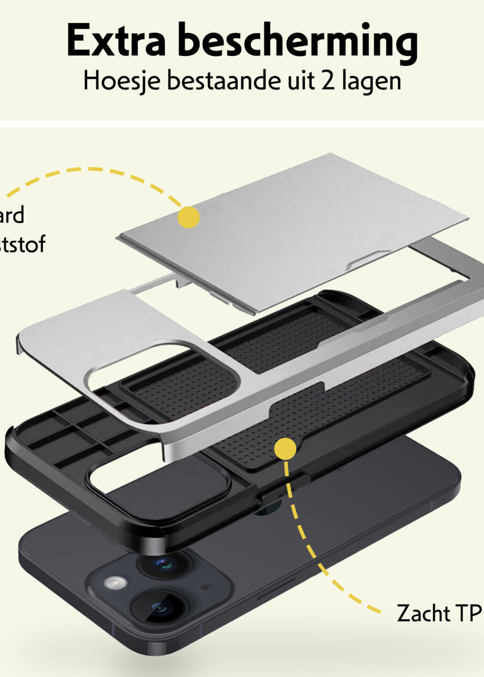 LUQ Hoesje Geschikt voor iPhone 15 Hoesje Case Pashouder Hard Cover Met 2x Screenprotector - Hoes Geschikt voor iPhone 15 Hoesje Met Kaarthouder - Grijs