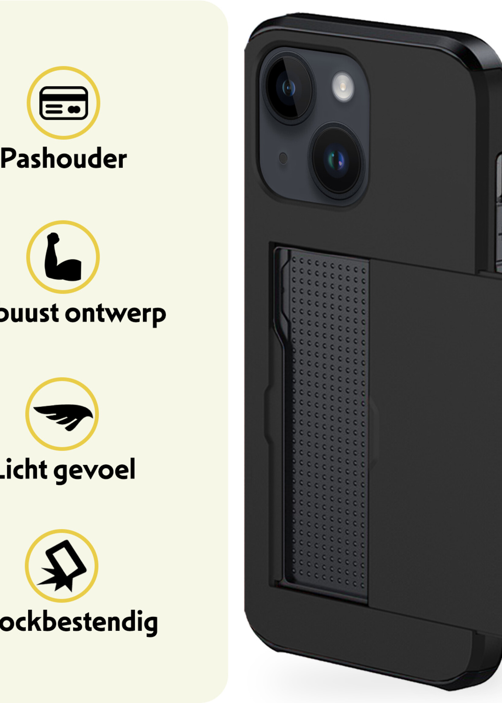LUQ Hoesje Geschikt voor iPhone 15 Hoesje Case Pashouder Hard Cover Met 2x Screenprotector - Hoes Geschikt voor iPhone 15 Hoesje Met Kaarthouder - Zwart