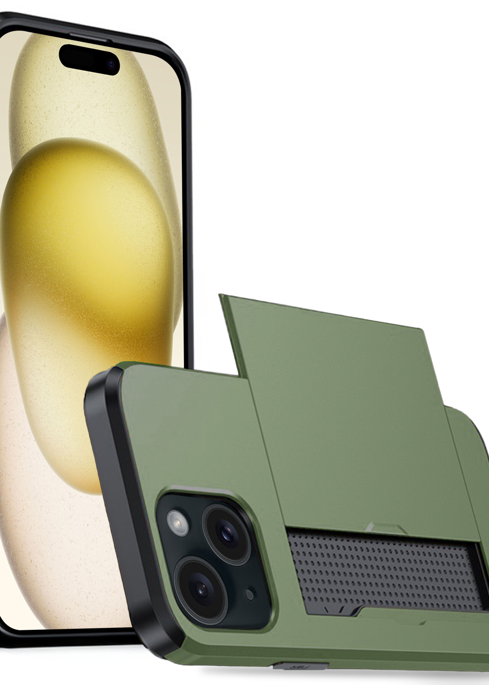 LUQ Hoesje Geschikt voor iPhone 15 Plus Hoesje Case Pashouder Hard Cover - Hoes Geschikt voor iPhone 15 Plus Hoesje Met Kaarthouder - Donker Groen