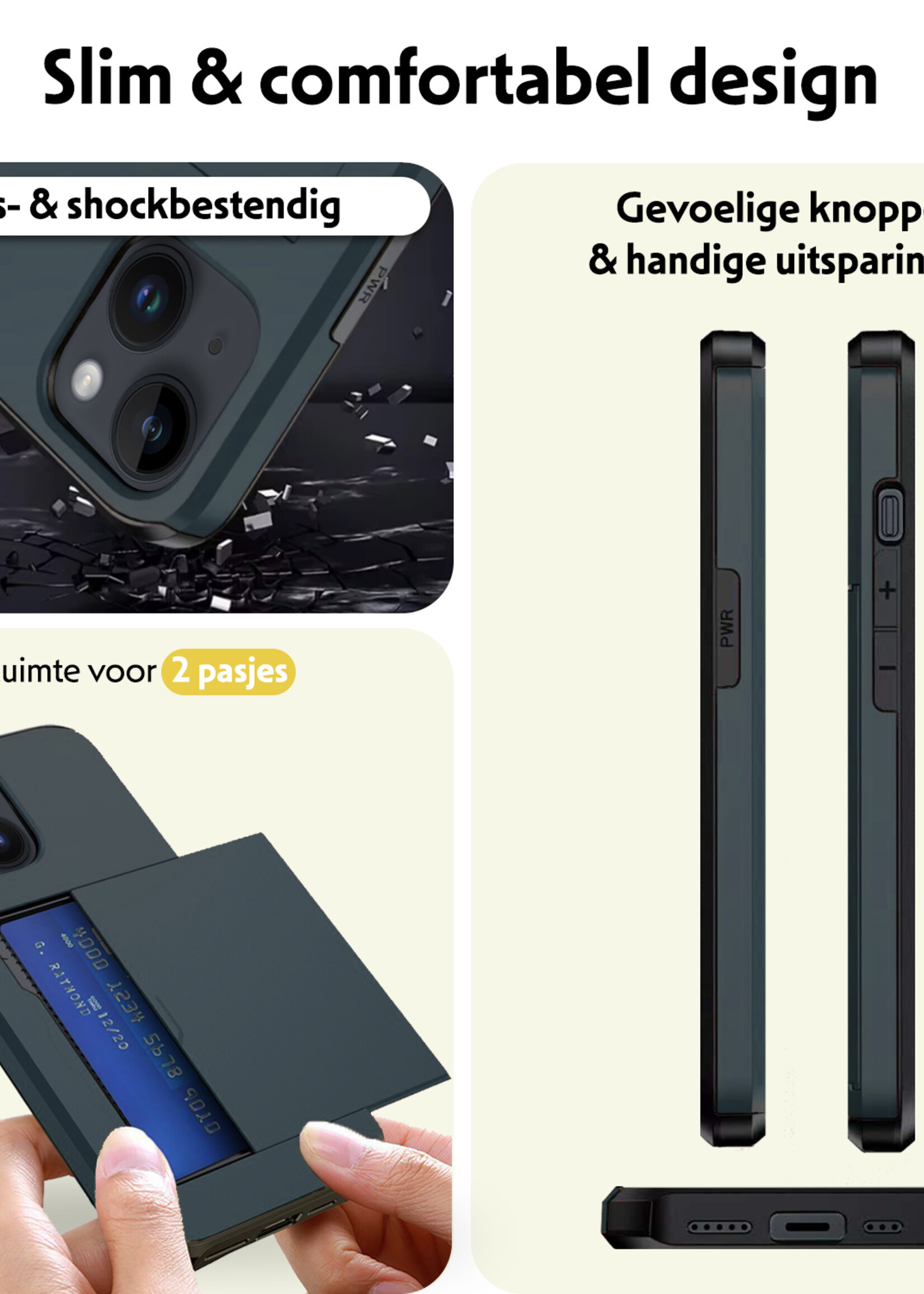 LUQ Hoesje Geschikt voor iPhone 15 Plus Hoesje Case Pashouder Hard Cover Met Screenprotector - Hoes Geschikt voor iPhone 15 Plus Hoesje Met Kaarthouder - Donker Blauw