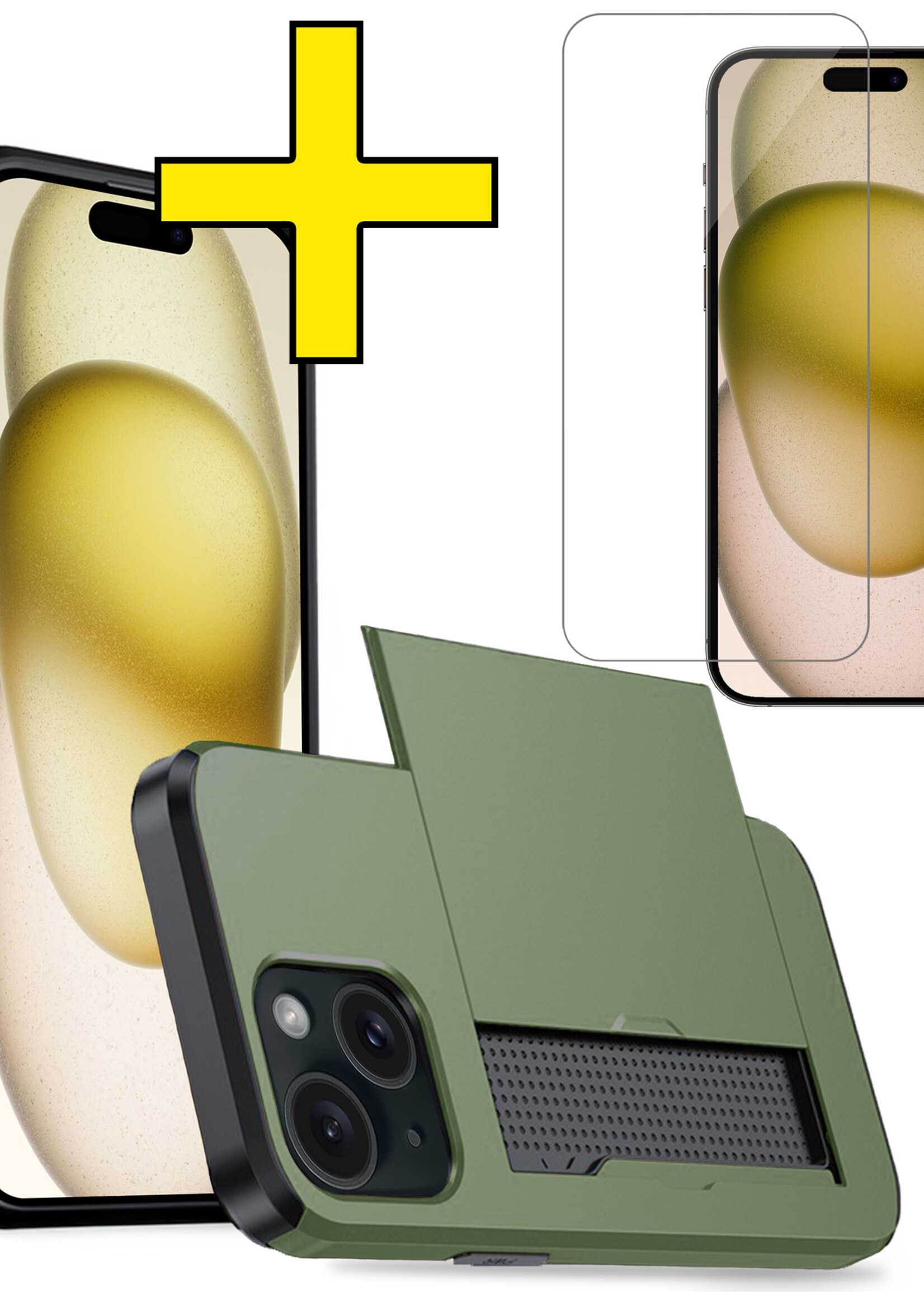 LUQ Hoesje Geschikt voor iPhone 15 Plus Hoesje Case Pashouder Hard Cover Met Screenprotector - Hoes Geschikt voor iPhone 15 Plus Hoesje Met Kaarthouder - Donker Groen