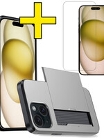 LUQ LUQ iPhone 15 Plus Hoesje Pashouder Hard Met Screenprotector - Grijs