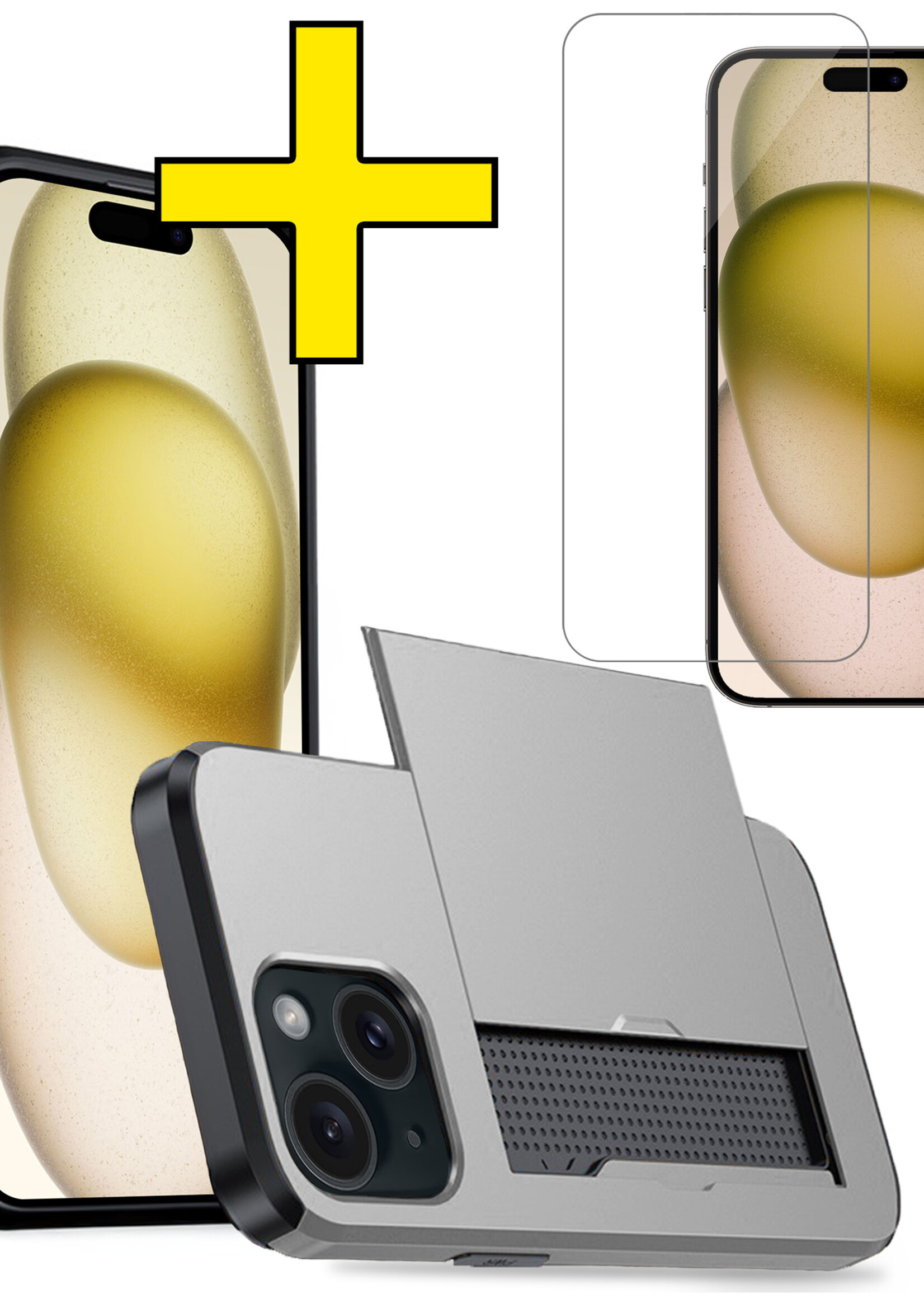 LUQ Hoesje Geschikt voor iPhone 15 Plus Hoesje Case Pashouder Hard Cover Met Screenprotector - Hoes Geschikt voor iPhone 15 Plus Hoesje Met Kaarthouder - Grijs