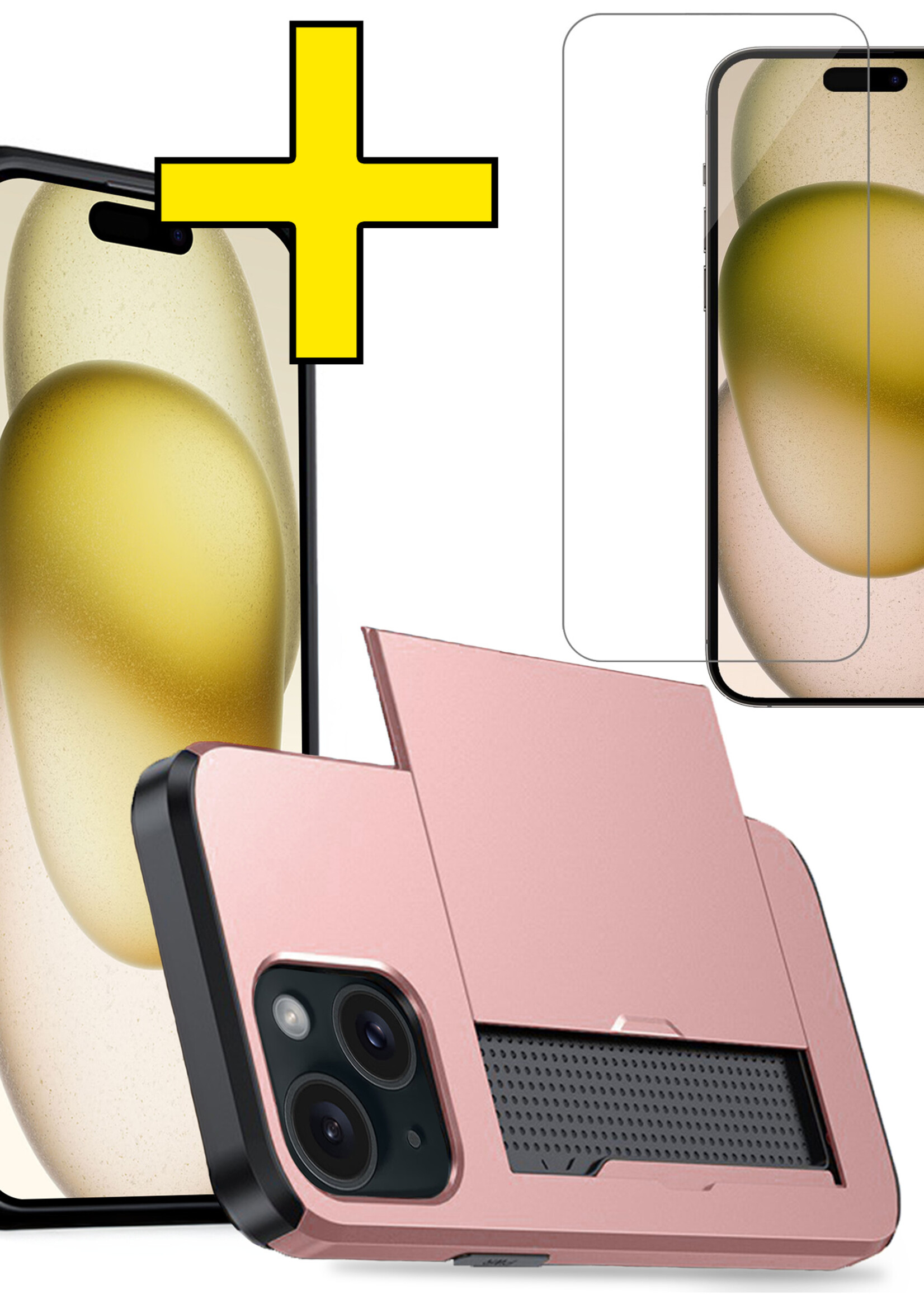 LUQ Hoesje Geschikt voor iPhone 15 Plus Hoesje Case Pashouder Hard Cover Met Screenprotector - Hoes Geschikt voor iPhone 15 Plus Hoesje Met Kaarthouder - Rosé Goud