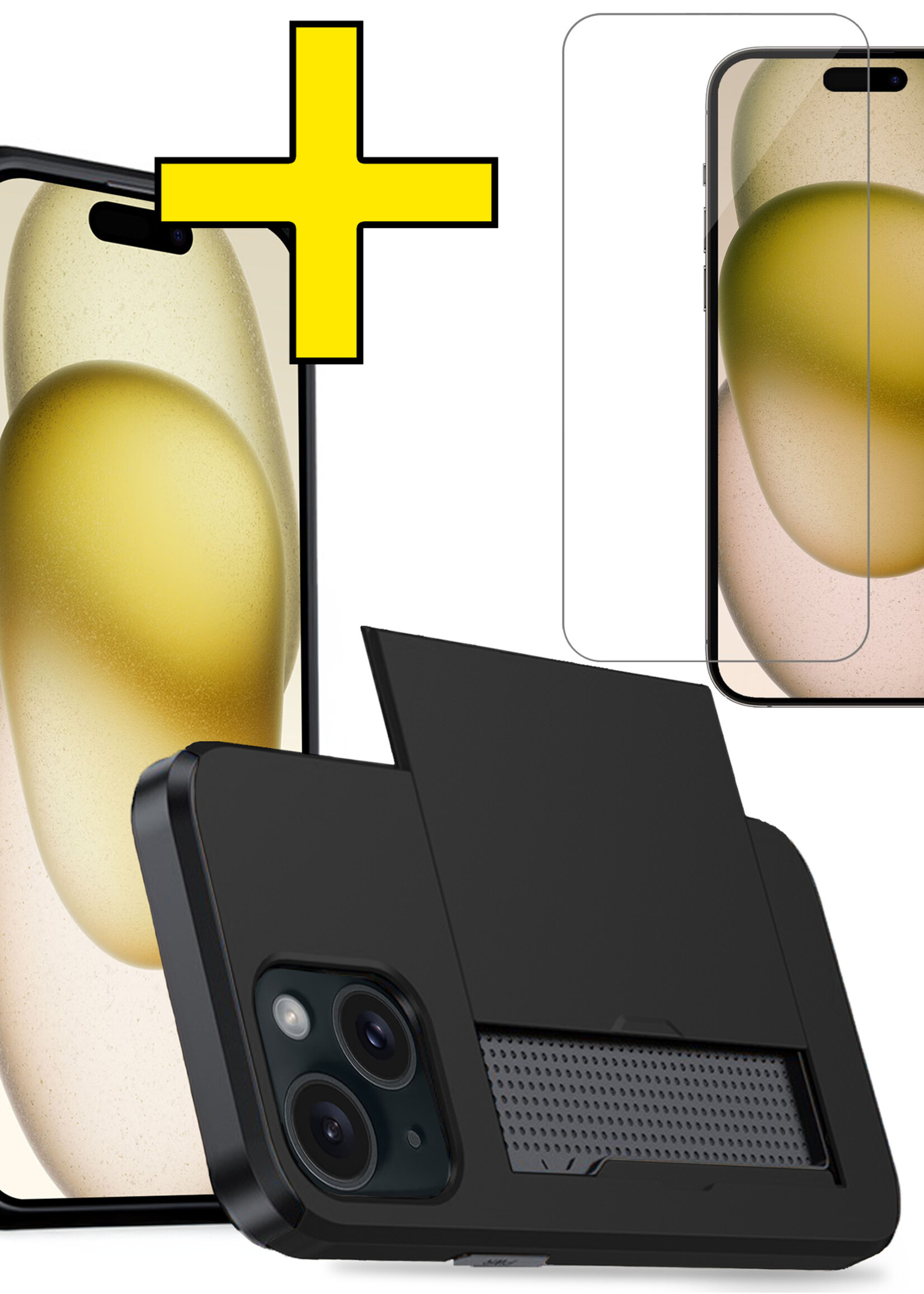 LUQ Hoesje Geschikt voor iPhone 15 Plus Hoesje Case Pashouder Hard Cover Met Screenprotector - Hoes Geschikt voor iPhone 15 Plus Hoesje Met Kaarthouder - Zwart