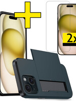 LUQ LUQ iPhone 15 Plus Hoesje Pashouder Hard Met 2x Screenprotector - Donker Blauw