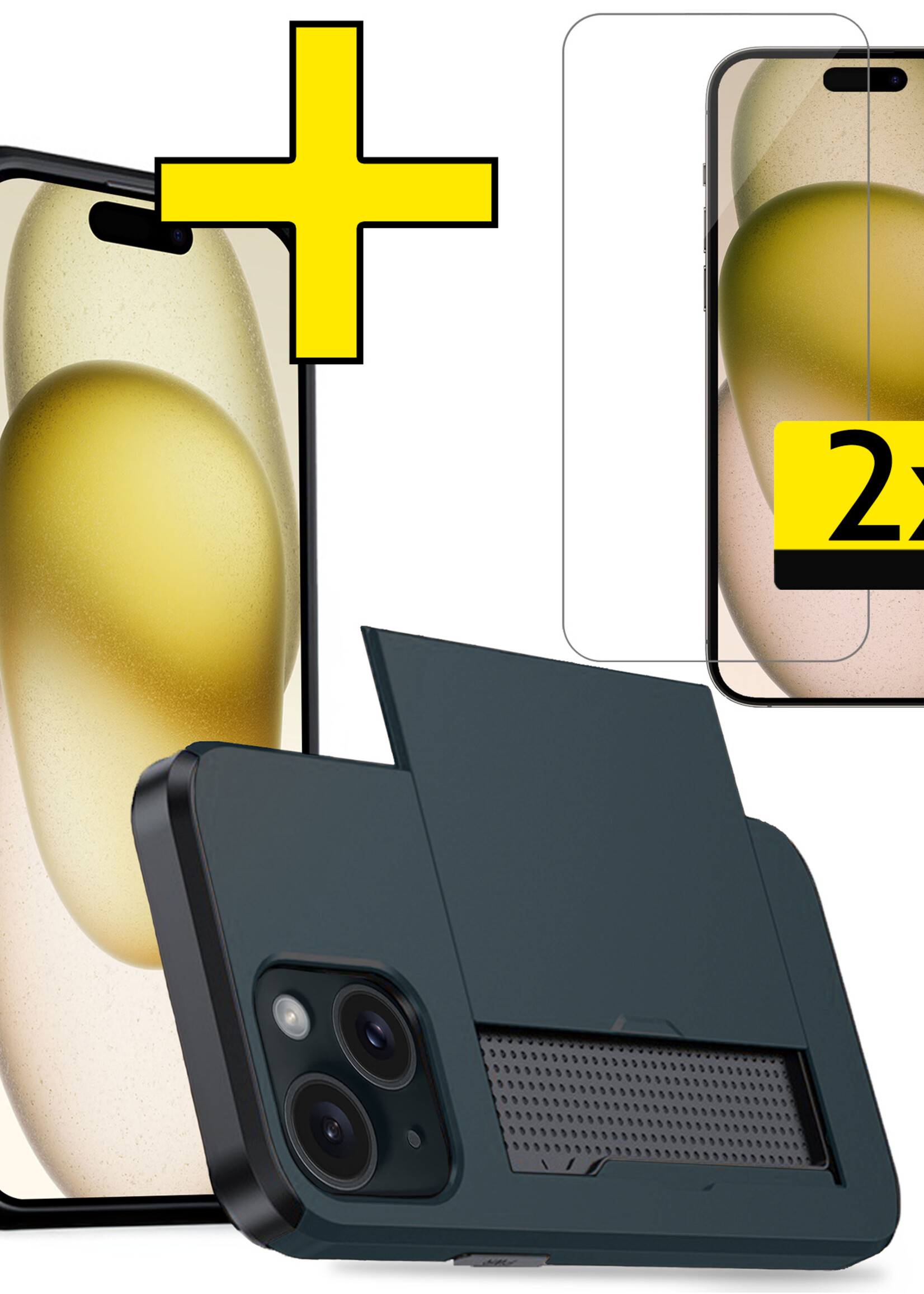 LUQ Hoesje Geschikt voor iPhone 15 Plus Hoesje Case Pashouder Hard Cover Met 2x Screenprotector - Hoes Geschikt voor iPhone 15 Plus Hoesje Met Kaarthouder - Donker Blauw