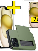 LUQ LUQ iPhone 15 Plus Hoesje Pashouder Hard Met 2x Screenprotector - Donker Groen
