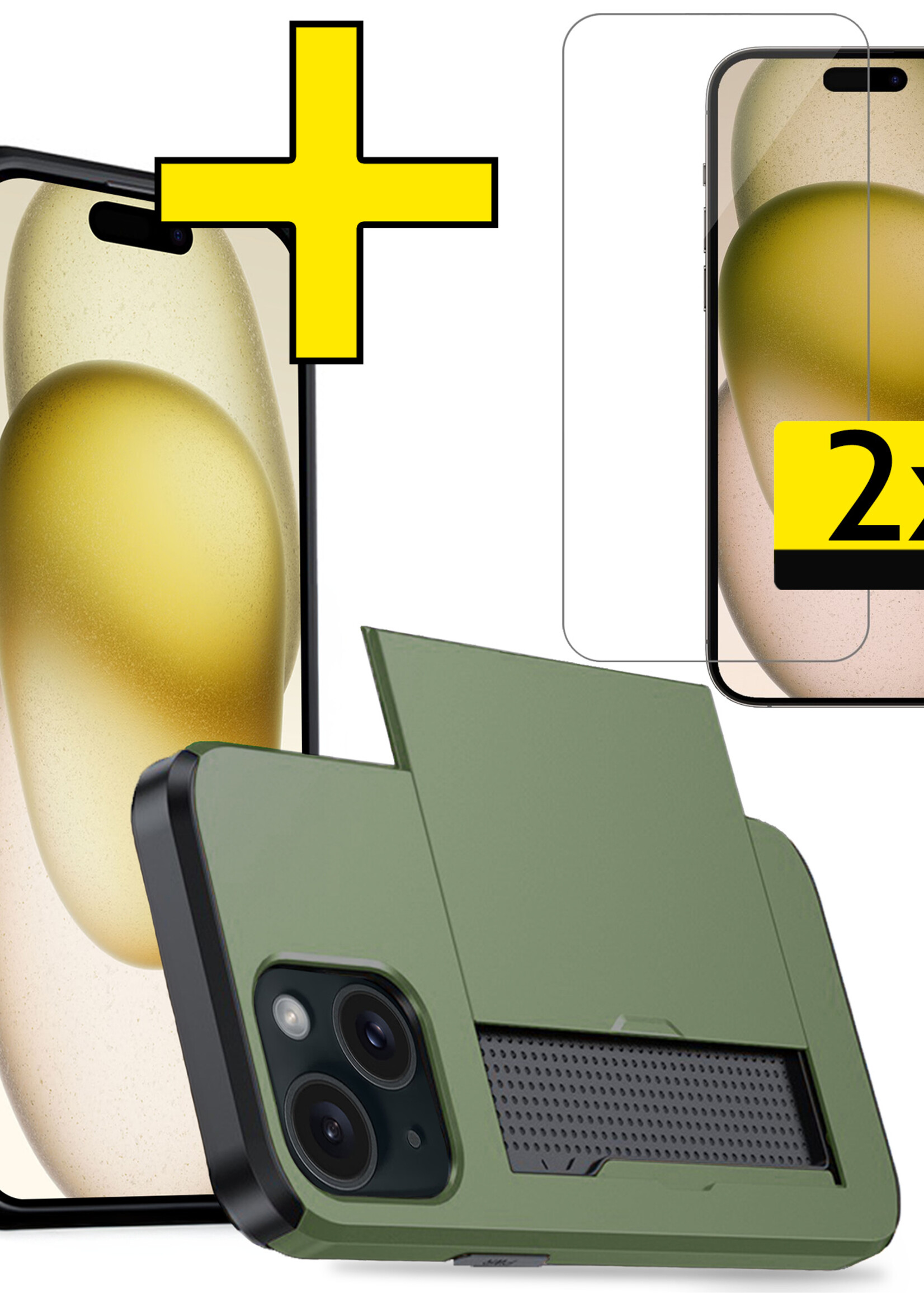 LUQ Hoesje Geschikt voor iPhone 15 Plus Hoesje Case Pashouder Hard Cover Met 2x Screenprotector - Hoes Geschikt voor iPhone 15 Plus Hoesje Met Kaarthouder - Donker Groen