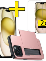 LUQ LUQ iPhone 15 Plus Hoesje Pashouder Hard Met 2x Screenprotector - Rosé Goud