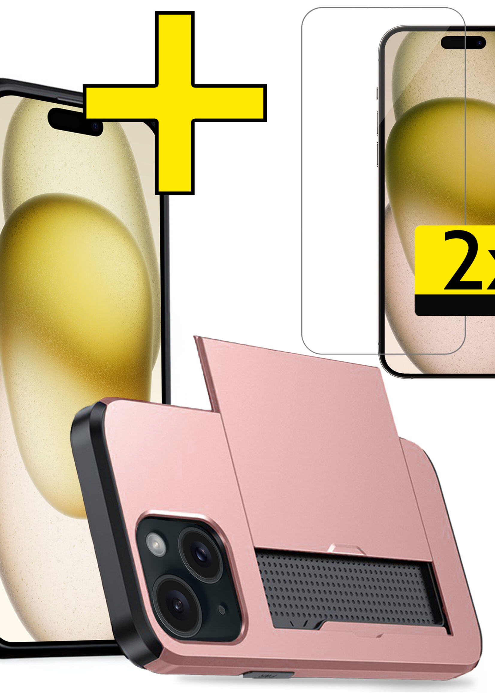 LUQ Hoesje Geschikt voor iPhone 15 Plus Hoesje Case Pashouder Hard Cover Met 2x Screenprotector - Hoes Geschikt voor iPhone 15 Plus Hoesje Met Kaarthouder - Rosé Goud