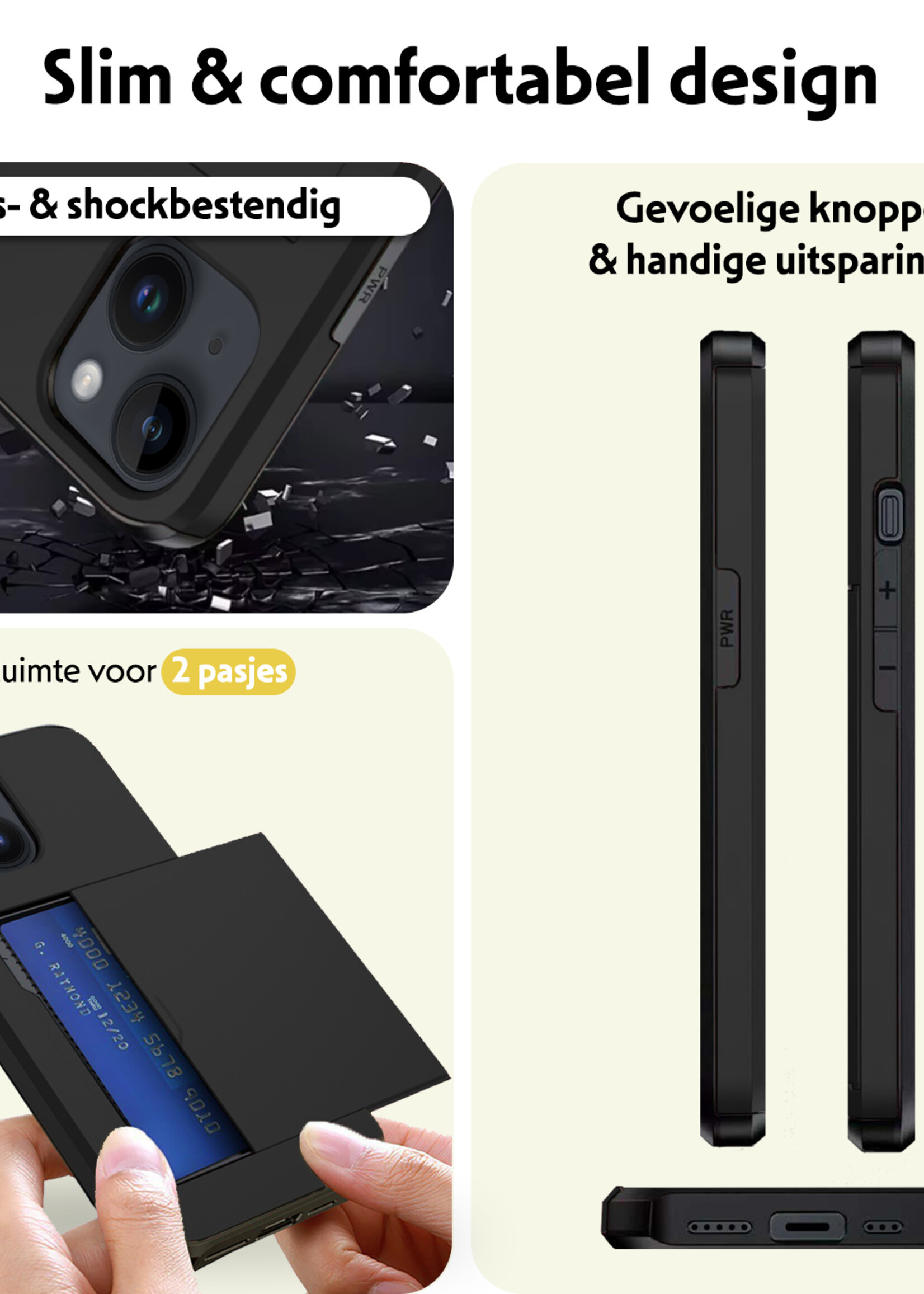 LUQ Hoesje Geschikt voor iPhone 15 Plus Hoesje Case Pashouder Hard Cover Met 2x Screenprotector - Hoes Geschikt voor iPhone 15 Plus Hoesje Met Kaarthouder - Zwart