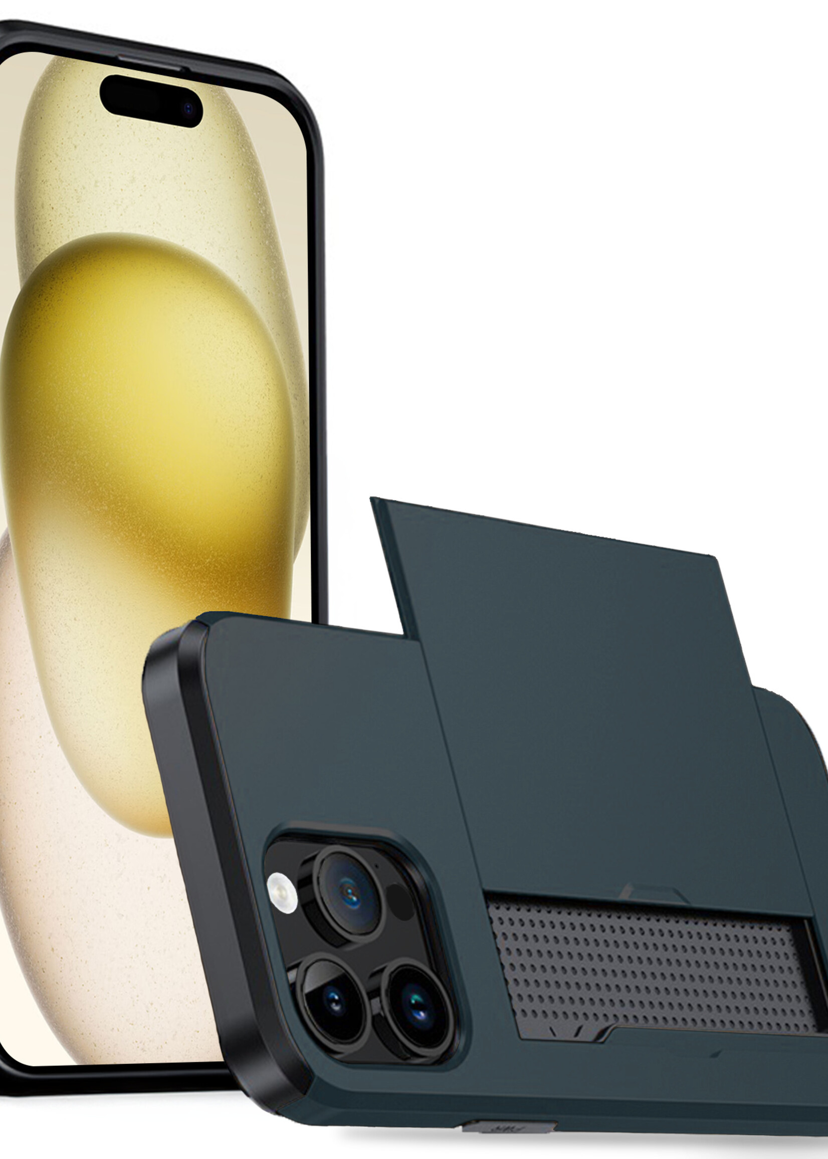 LUQ Hoesje Geschikt voor iPhone 15 Pro Hoesje Case Pashouder Hard Cover - Hoes Geschikt voor iPhone 15 Pro Hoesje Met Kaarthouder - Donker Blauw