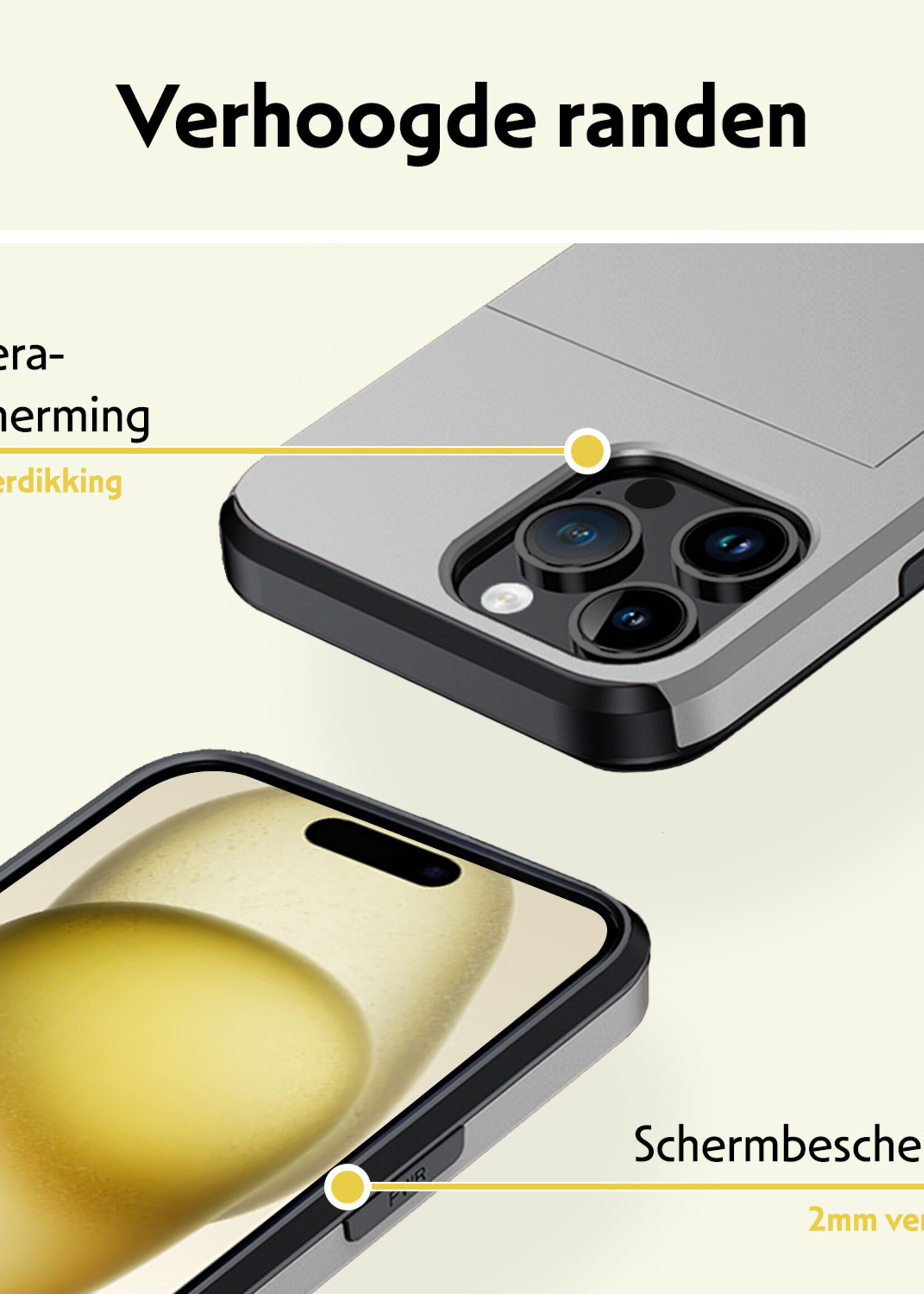 LUQ Hoesje Geschikt voor iPhone 15 Pro Hoesje Case Pashouder Hard Cover - Hoes Geschikt voor iPhone 15 Pro Hoesje Met Kaarthouder - Grijs