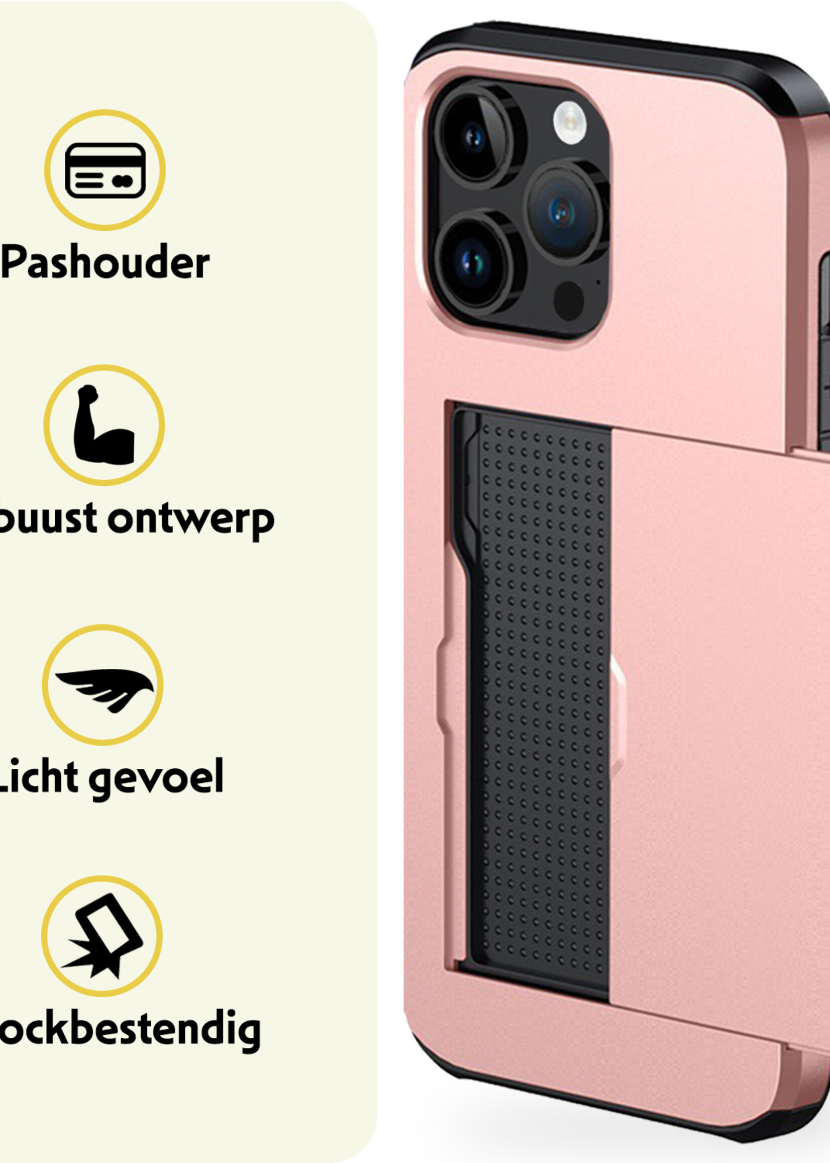 LUQ Hoesje Geschikt voor iPhone 15 Pro Hoesje Case Pashouder Hard Cover - Hoes Geschikt voor iPhone 15 Pro Hoesje Met Kaarthouder - Rosé Goud