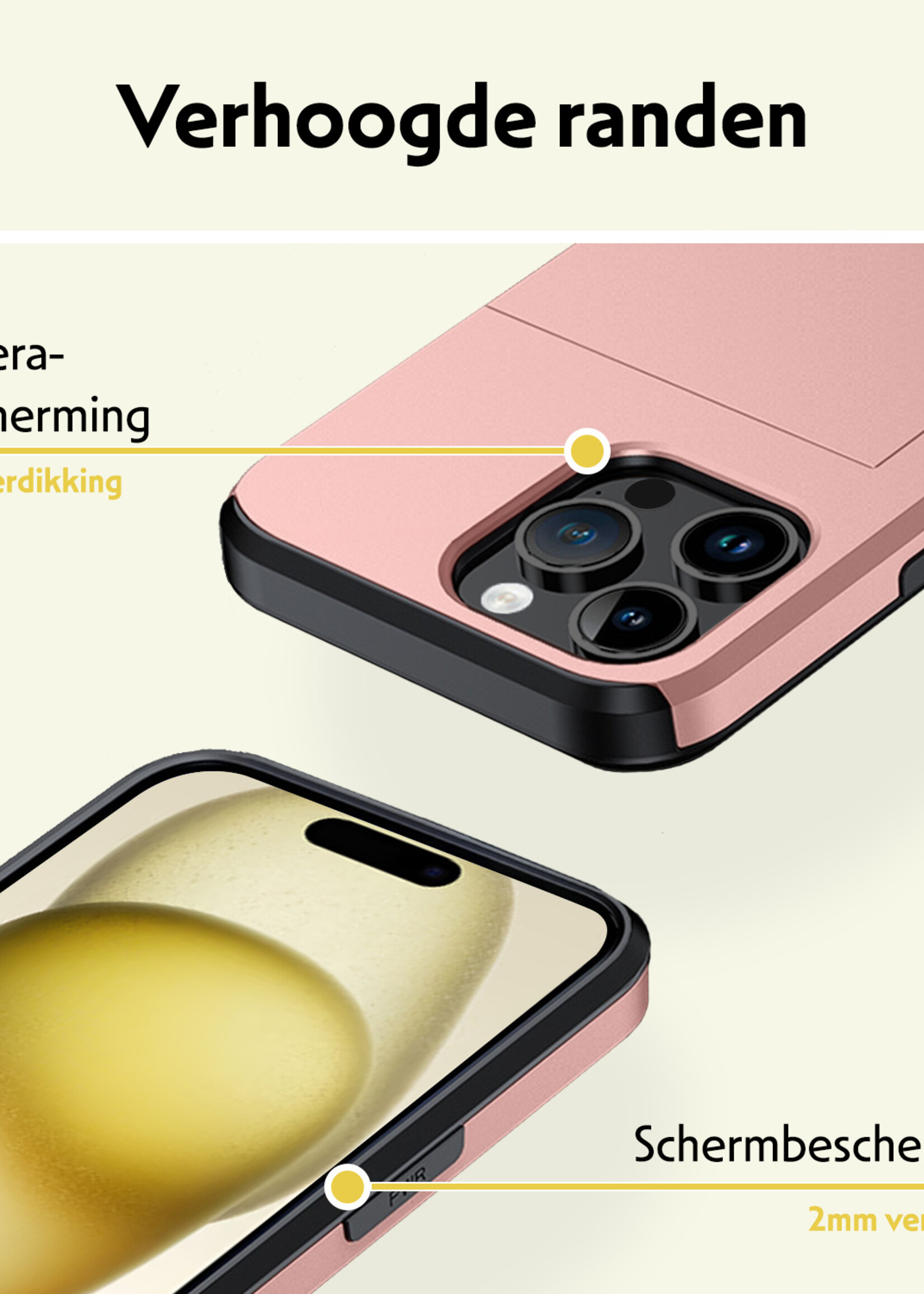 LUQ Hoesje Geschikt voor iPhone 15 Pro Hoesje Case Pashouder Hard Cover - Hoes Geschikt voor iPhone 15 Pro Hoesje Met Kaarthouder - Rosé Goud