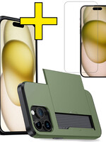 LUQ LUQ iPhone 15 Pro Hoesje Pashouder Hard Met Screenprotector - Donker Groen
