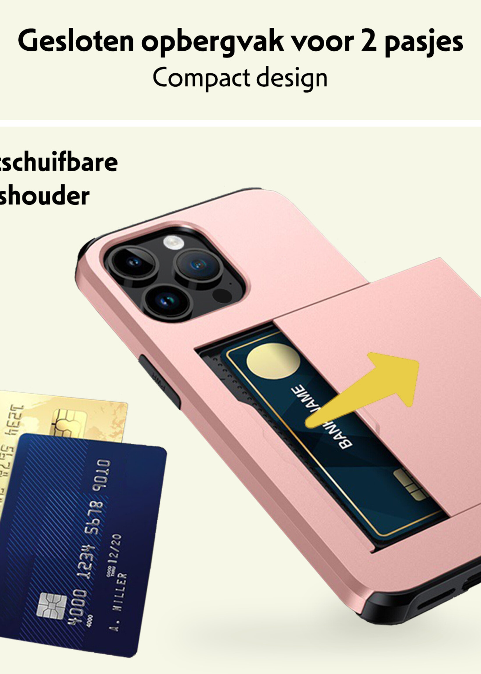 LUQ Hoesje Geschikt voor iPhone 15 Pro Hoesje Case Pashouder Hard Cover Met Screenprotector - Hoes Geschikt voor iPhone 15 Pro Hoesje Met Kaarthouder - Rosé Goud