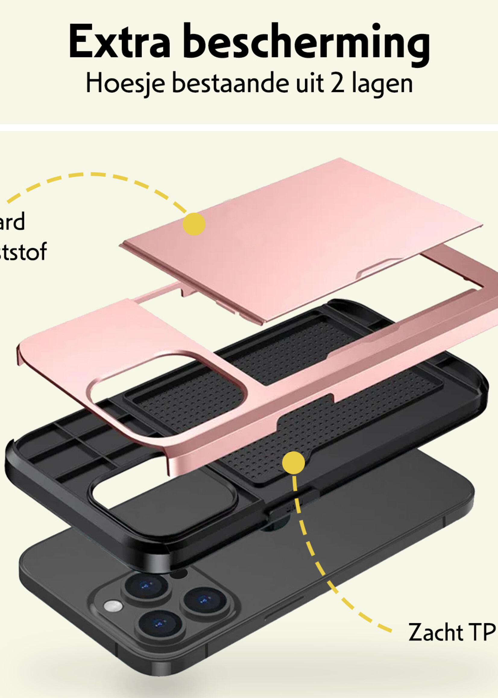 LUQ Hoesje Geschikt voor iPhone 15 Pro Hoesje Case Pashouder Hard Cover Met Screenprotector - Hoes Geschikt voor iPhone 15 Pro Hoesje Met Kaarthouder - Rosé Goud