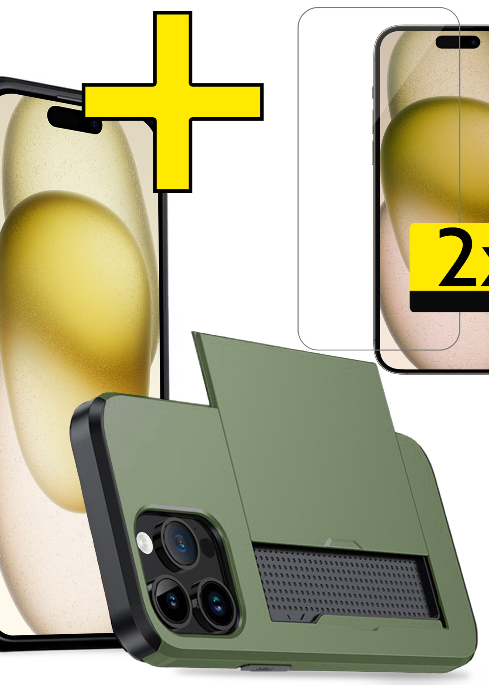 LUQ Hoesje Geschikt voor iPhone 15 Pro Hoesje Case Pashouder Hard Cover Met 2x Screenprotector - Hoes Geschikt voor iPhone 15 Pro Hoesje Met Kaarthouder - Donker Groen