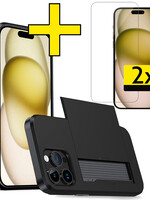 LUQ LUQ iPhone 15 Pro Hoesje Pashouder Hard Met 2x Screenprotector - Zwart