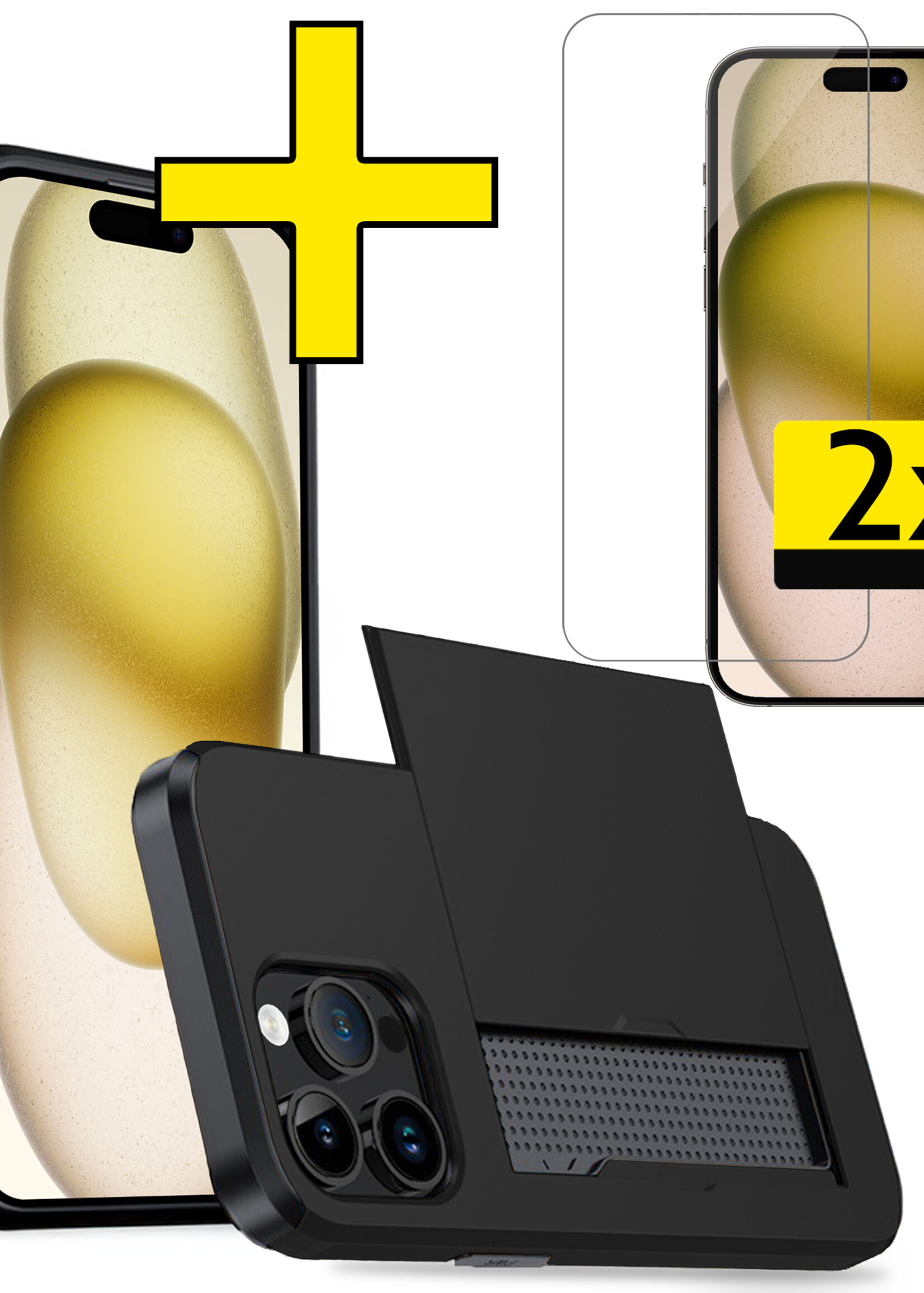 LUQ Hoesje Geschikt voor iPhone 15 Pro Hoesje Case Pashouder Hard Cover Met 2x Screenprotector - Hoes Geschikt voor iPhone 15 Pro Hoesje Met Kaarthouder - Zwart