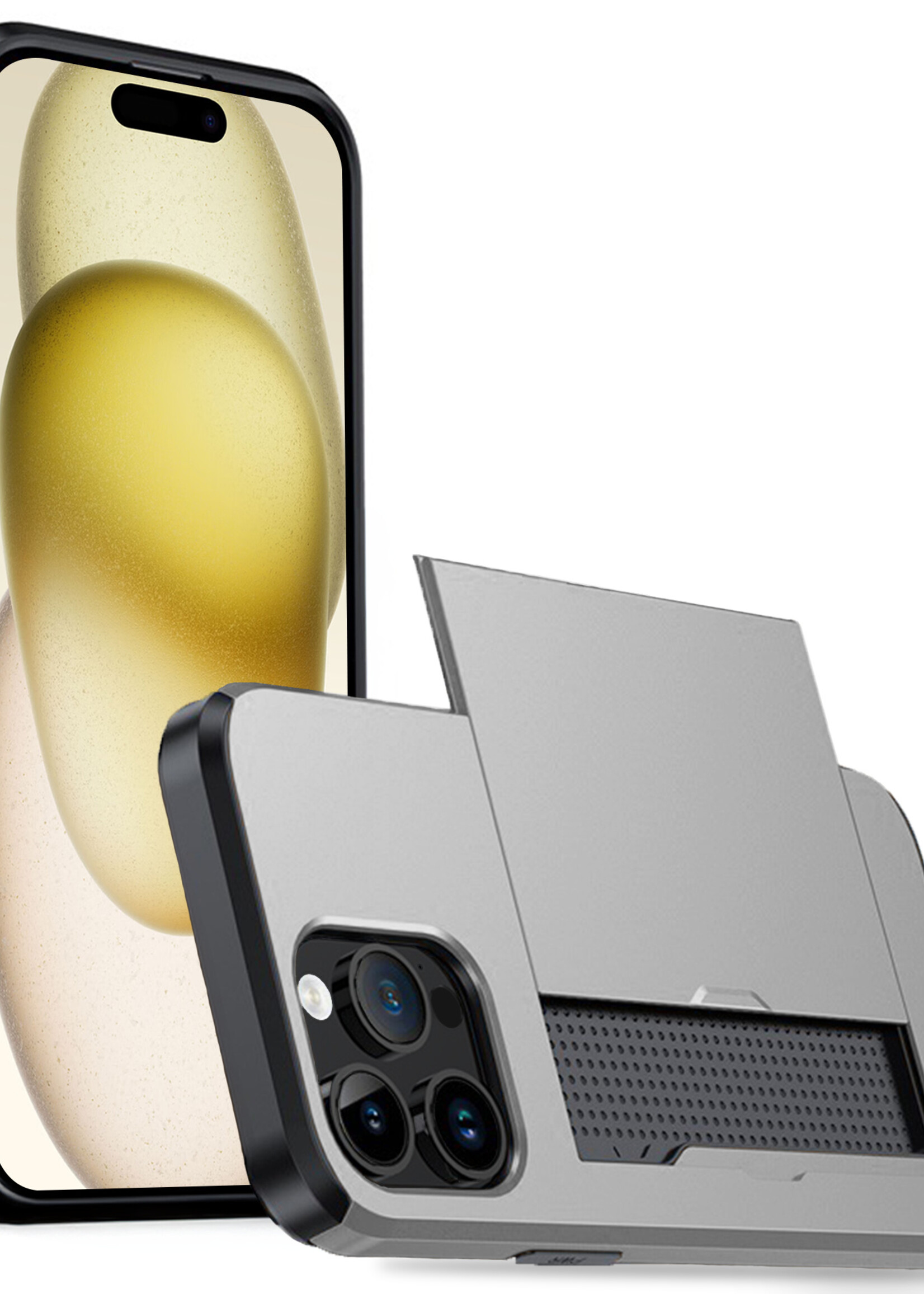 LUQ Hoesje Geschikt voor iPhone 15 Pro Max Hoesje Case Pashouder Hard Cover - Hoes Geschikt voor iPhone 15 Pro Max Hoesje Met Kaarthouder - Grijs