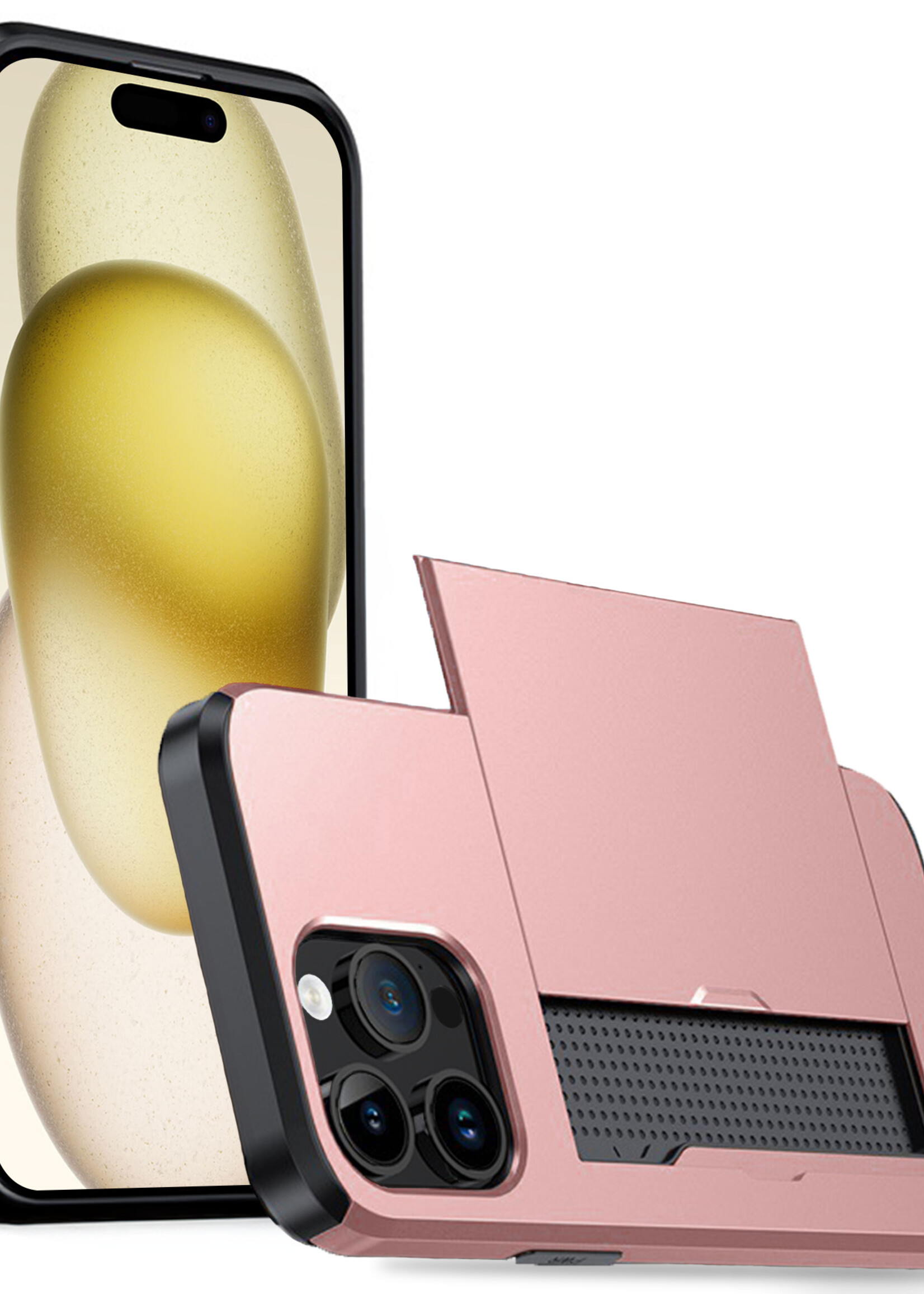 LUQ Hoesje Geschikt voor iPhone 15 Pro Max Hoesje Case Pashouder Hard Cover - Hoes Geschikt voor iPhone 15 Pro Max Hoesje Met Kaarthouder - Rosé Goud