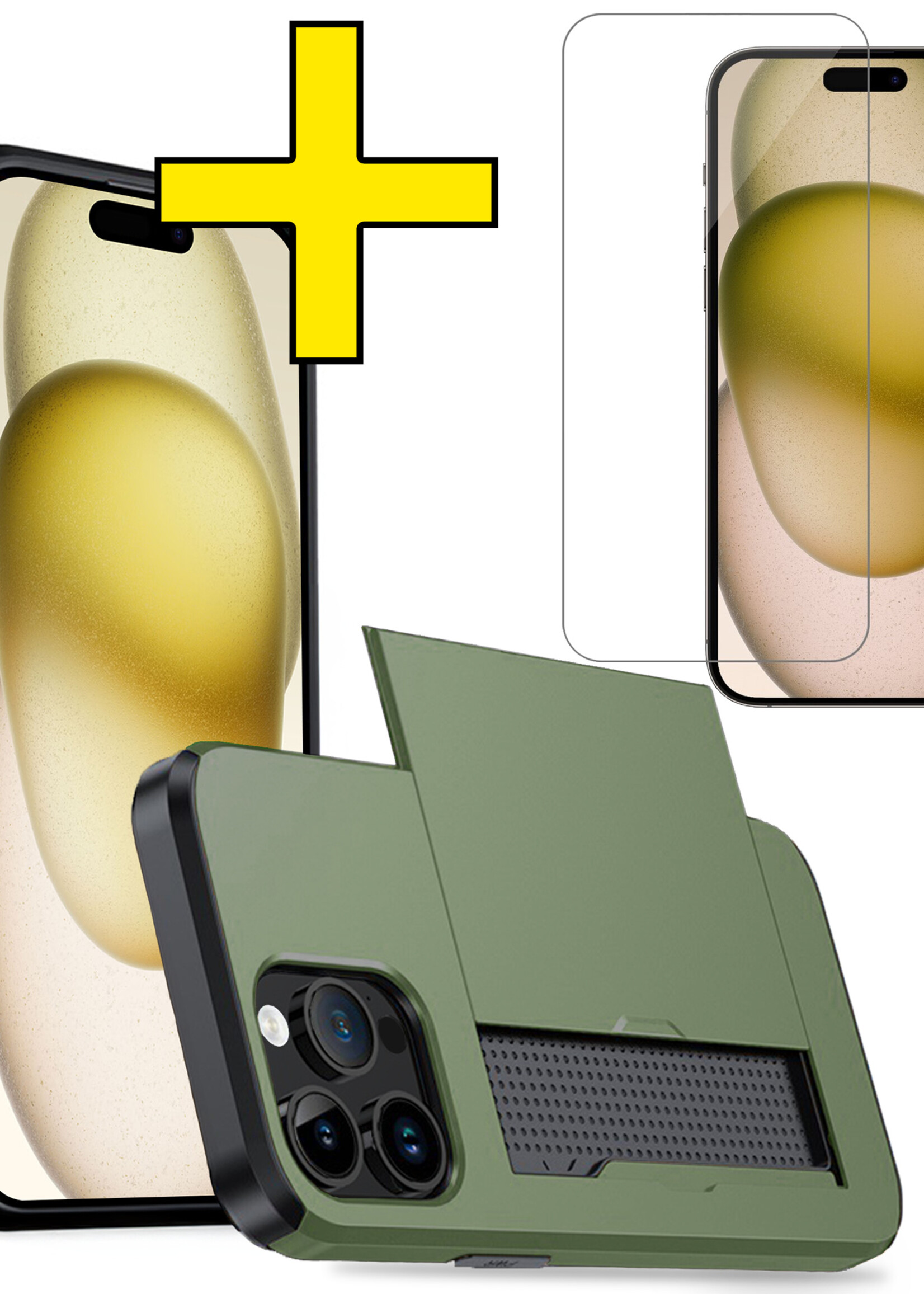 LUQ Hoesje Geschikt voor iPhone 15 Pro Max Hoesje Case Pashouder Hard Cover Met Screenprotector - Hoes Geschikt voor iPhone 15 Pro Max Hoesje Met Kaarthouder - Donker Groen