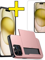 LUQ LUQ iPhone 15 Pro Max Hoesje Pashouder Hard Met Screenprotector - Rosé Goud