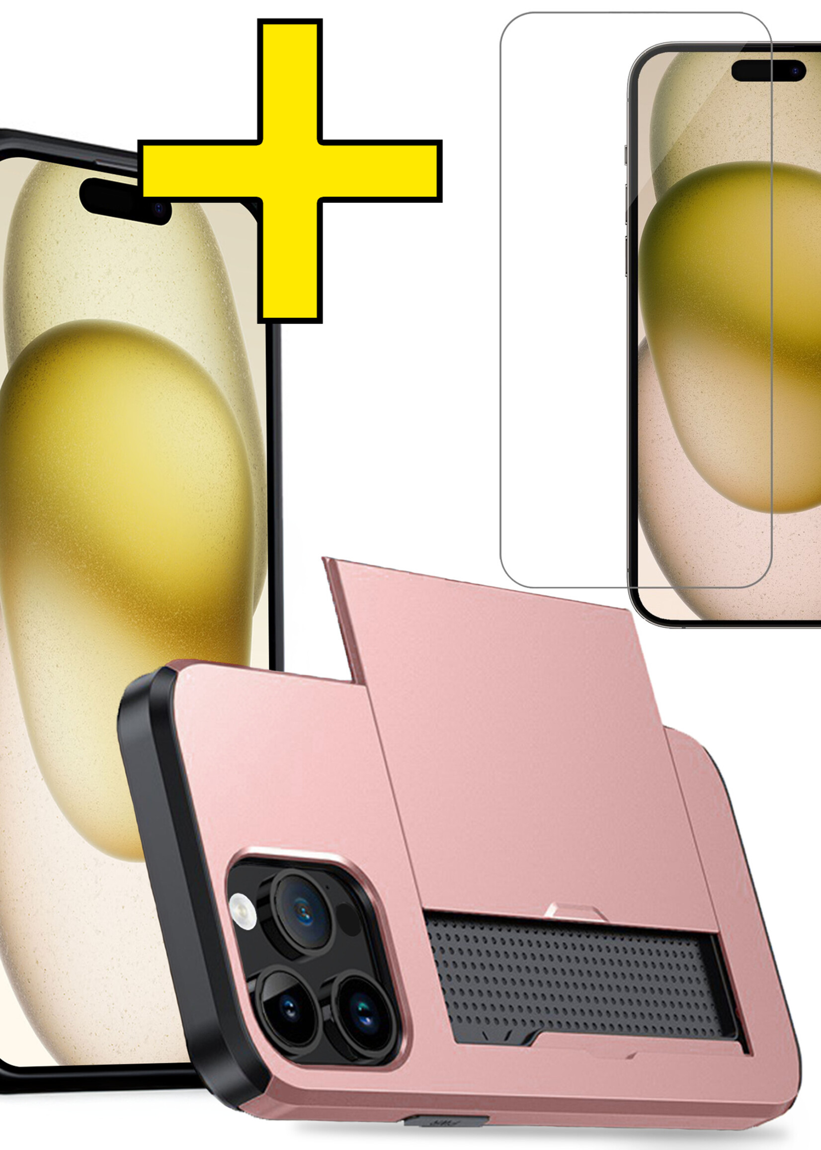 LUQ Hoesje Geschikt voor iPhone 15 Pro Max Hoesje Case Pashouder Hard Cover Met Screenprotector - Hoes Geschikt voor iPhone 15 Pro Max Hoesje Met Kaarthouder - Rosé Goud