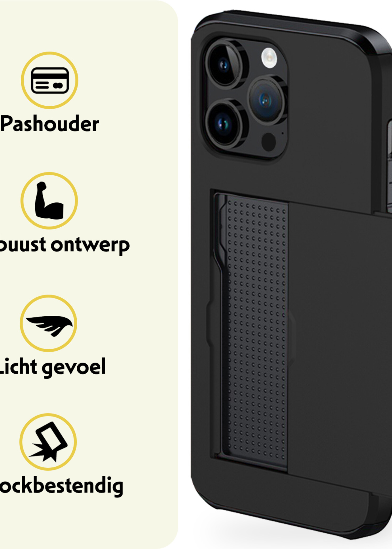 LUQ Hoesje Geschikt voor iPhone 15 Pro Max Hoesje Case Pashouder Hard Cover Met Screenprotector - Hoes Geschikt voor iPhone 15 Pro Max Hoesje Met Kaarthouder - Zwart