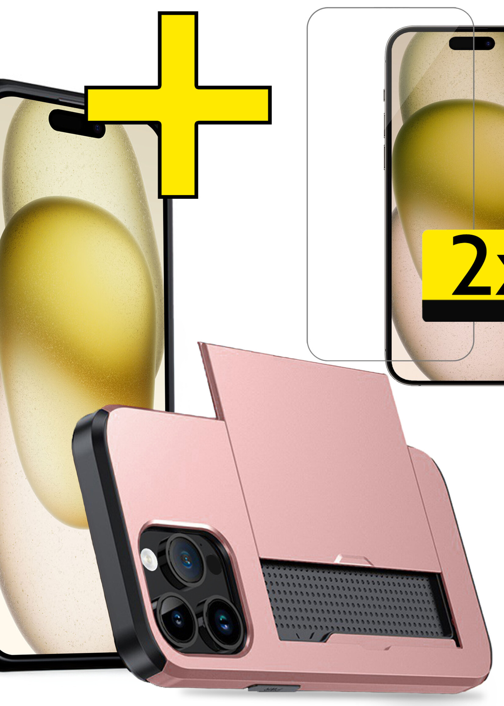 LUQ Hoesje Geschikt voor iPhone 15 Pro Max Hoesje Case Pashouder Hard Cover Met 2x Screenprotector - Hoes Geschikt voor iPhone 15 Pro Max Hoesje Met Kaarthouder - Rosé Goud