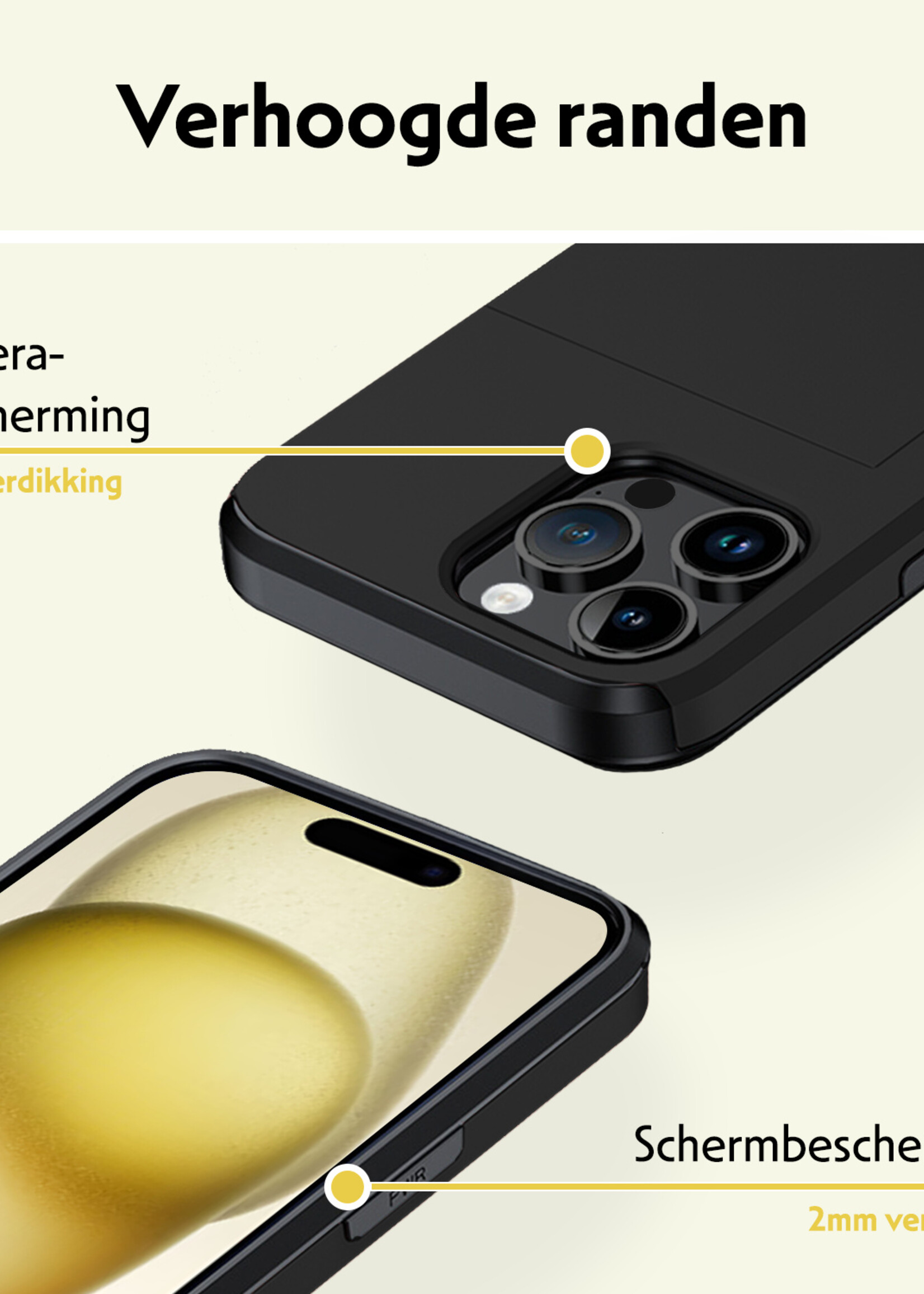 LUQ Hoesje Geschikt voor iPhone 15 Pro Max Hoesje Case Pashouder Hard Cover Met 2x Screenprotector - Hoes Geschikt voor iPhone 15 Pro Max Hoesje Met Kaarthouder - Zwart