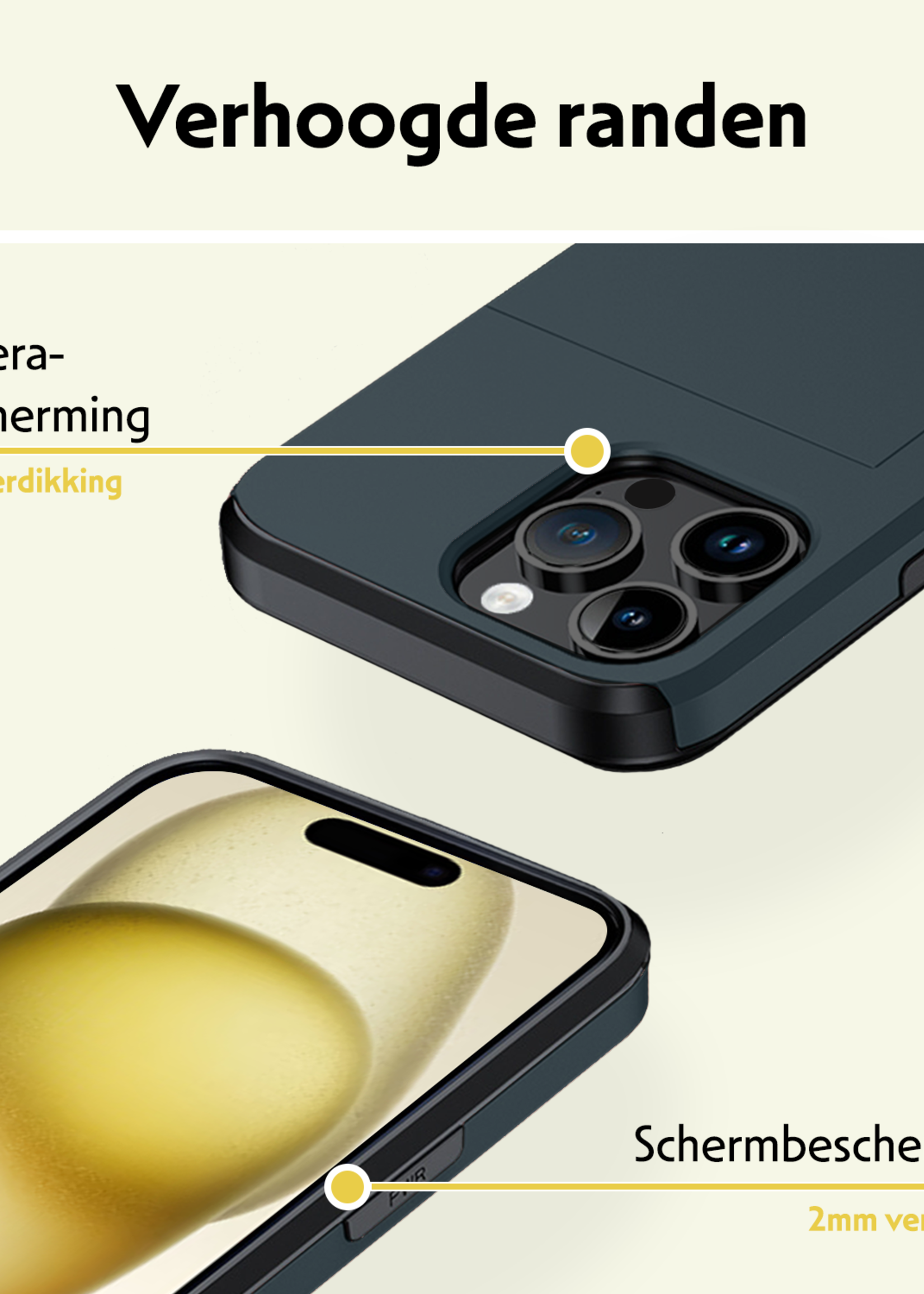 LUQ Hoesje Geschikt voor iPhone 15 Pro Max Hoesje Case Pashouder Hard Cover Met Screenprotector - Hoes Geschikt voor iPhone 15 Pro Max Hoesje Met Kaarthouder - Donker Blauw