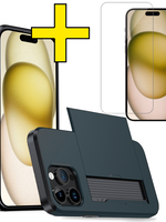 LUQ LUQ iPhone 15 Pro Hoesje Pashouder Hard Met Screenprotector - Donker Blauw