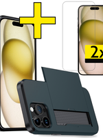 LUQ LUQ iPhone 15 Pro Hoesje Pashouder Hard Met 2x Screenprotector - Donker Blauw